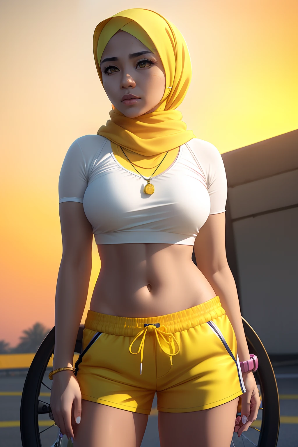 a malay woman in hijab and a white top and pink shorts is standing next to a bike with a yellow background and, by Quentin Tarantino, 1girl, bracelet, yellow hijab, jewelry, letterboxed, lips, makeup, medium_breasts, midriff, nail_polish, navel, necklace, nose, orange_sky, pink_shorts, realistic, shorts, solo, sun, sunset, tattoo, wristband, yellow_background, yellow_sky, beautiful detailed glow, detailed, Cinematic light, intricate detail, highres, detailed facial features, high detail, sharp focus, smooth, aesthetic, extremely detailed, stamp, octane render,
