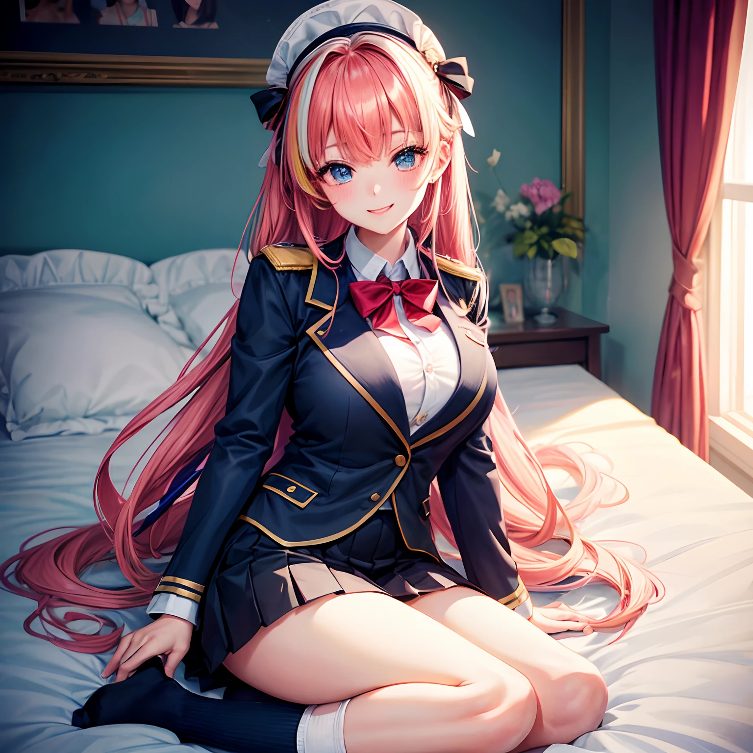 a beauty girl,girl with,A smile,Cute blazer for uniform,Ribbon on uniform、top-quality,masterpiece,Colossal tits,超A high resolution,multicolored hair,Excellent style,Perfect facial features,a beauty girl,modeled,girl,long,masterpiece,a bed,Loose socks,