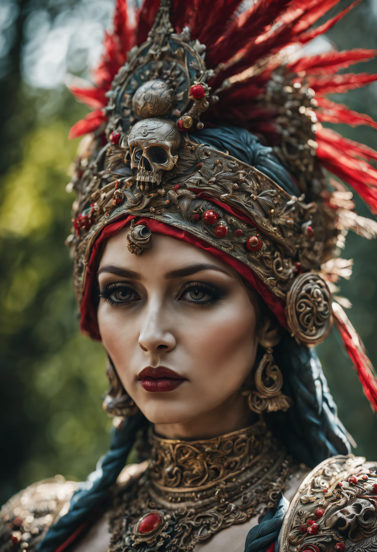 a close up of a statue of a woman with a red headdress, cinematic goddess close shot, Close-up portrait goddess skull, goddess close-up portrait, beautiful intricate face, detailed beautfiul face, Gorgeous Role Play, hyper-detailed fantasy character, extremely detailed goddess shot, detailed matte fantasy portrait, Beautiful detailed face, beautiful face detail