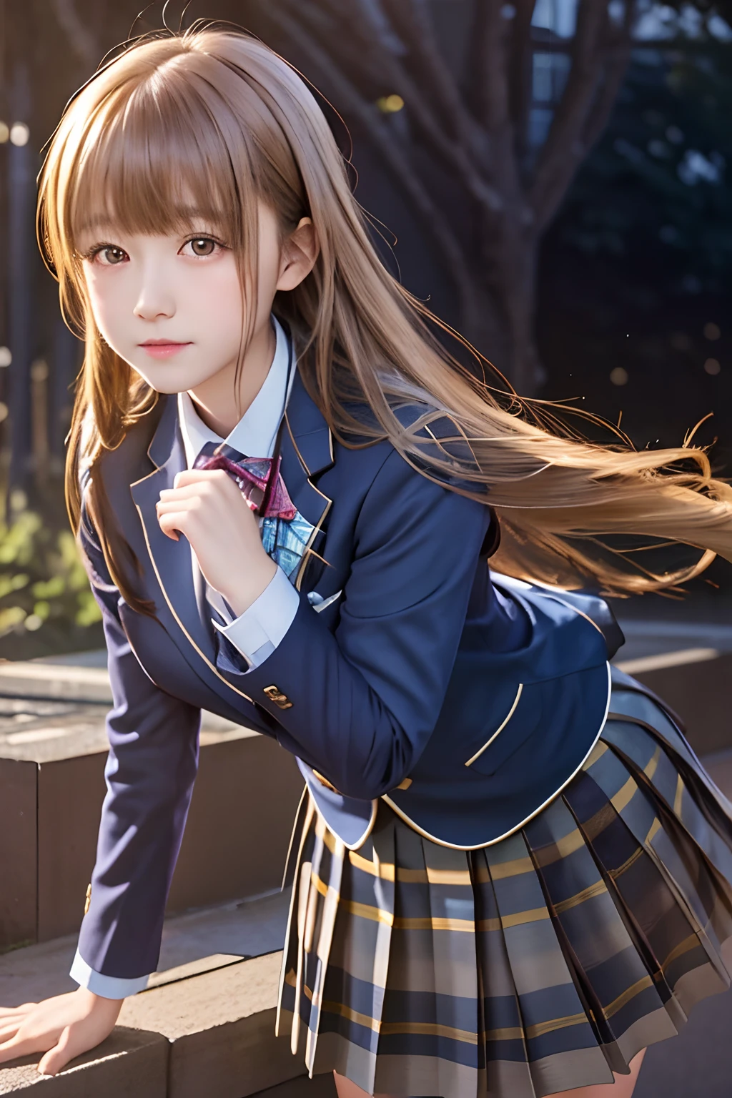 top-quality, 8K, ultra-detailliert, Photorealsitic, Mahiru Shiina, Angel Next Door, School Uniforms, from the chest up, up of face, Dark blue blazer, Pleated skirt with brown plaid pattern, Yellow eyes, Blazer is closing the front,