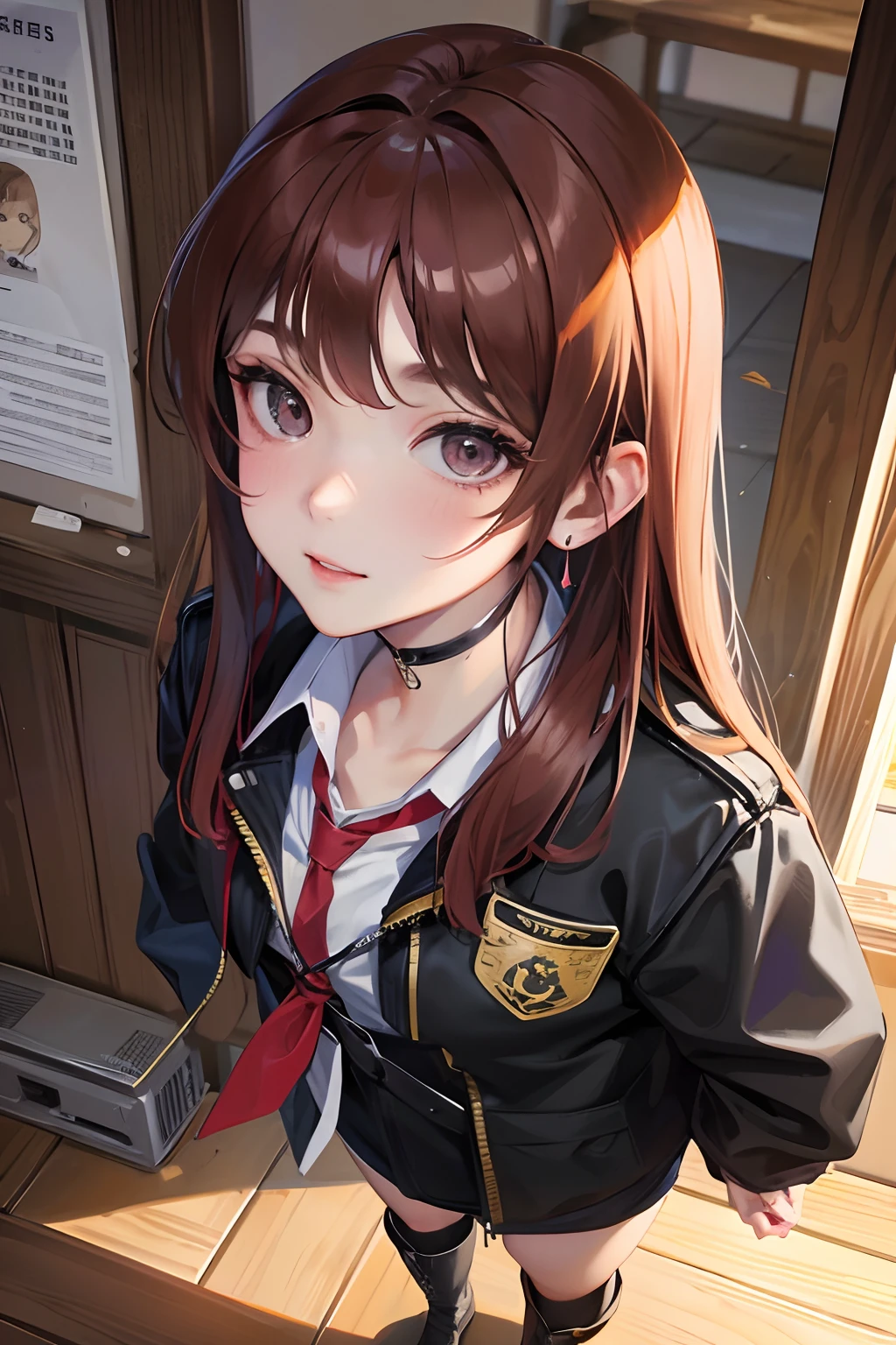 Works of masters，Best image quality，超高分辨率，8K分辨率，Realistic portraits，Exquisite facial features，s the perfect face，Girl，solo person，fireman，ssmile，mid hair，brunette color hair，Wave head，eardrop，Collar，Combat boots，are standing，Facing the viewer，城市，aerodrome