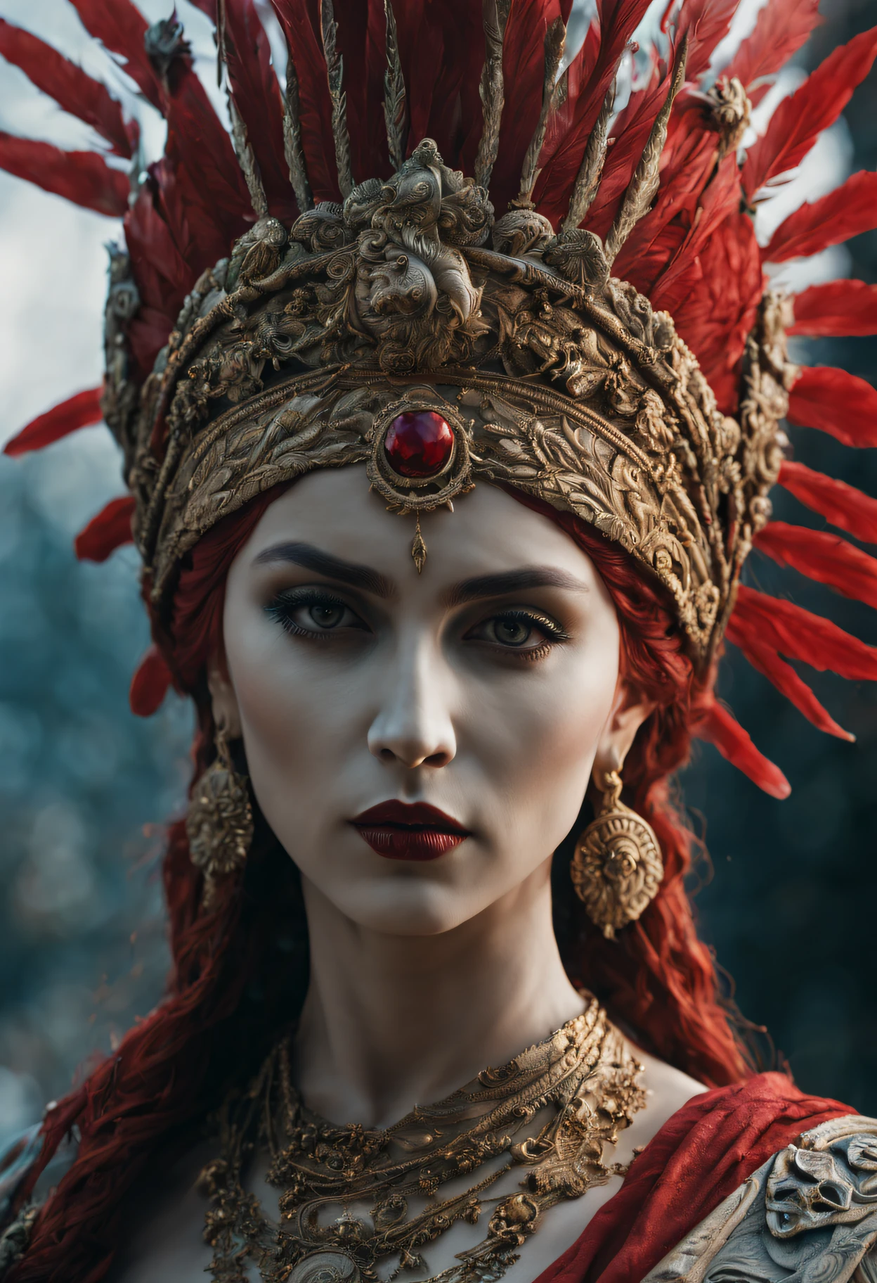 a close up of a statue of a woman with a red headdress, cinematic goddess close shot, Close-up portrait goddess skull, goddess close-up portrait, beautiful intricate face, detailed beautfiul face, Gorgeous Role Play, hyper-detailed fantasy character, extremely detailed goddess shot, detailed matte fantasy portrait, Beautiful detailed face, beautiful face detail