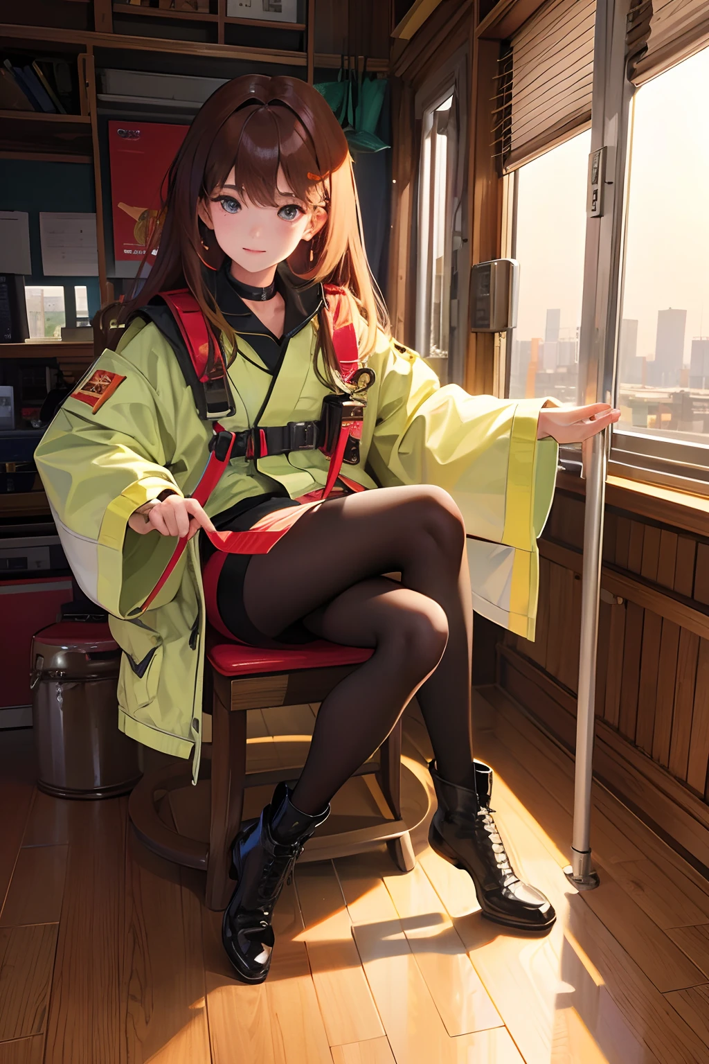 Works of masters，Best image quality，超高分辨率，8K分辨率，Realistic portraits，Exquisite facial features，s the perfect face，Girl，solo person，fireman，ssmile，mid hair，brunette color hair，Wave head，eardrop，Collar，Combat boots，are standing，Facing the viewer，城市，aerodrome