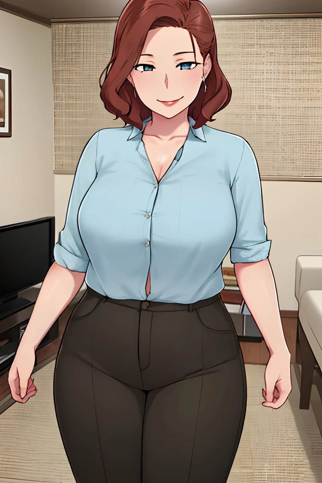 NTRman, masterpiece, best quality, 1girl, solo, mature female, short orange hair, curled bob haircut, middle parted hairstyle, blue eyes, healthy complexion, red lipstick, seductive smile, skinny arms, skinny waist, wide hips, thick thighs, cyan dress shirt, tan pants, living room background