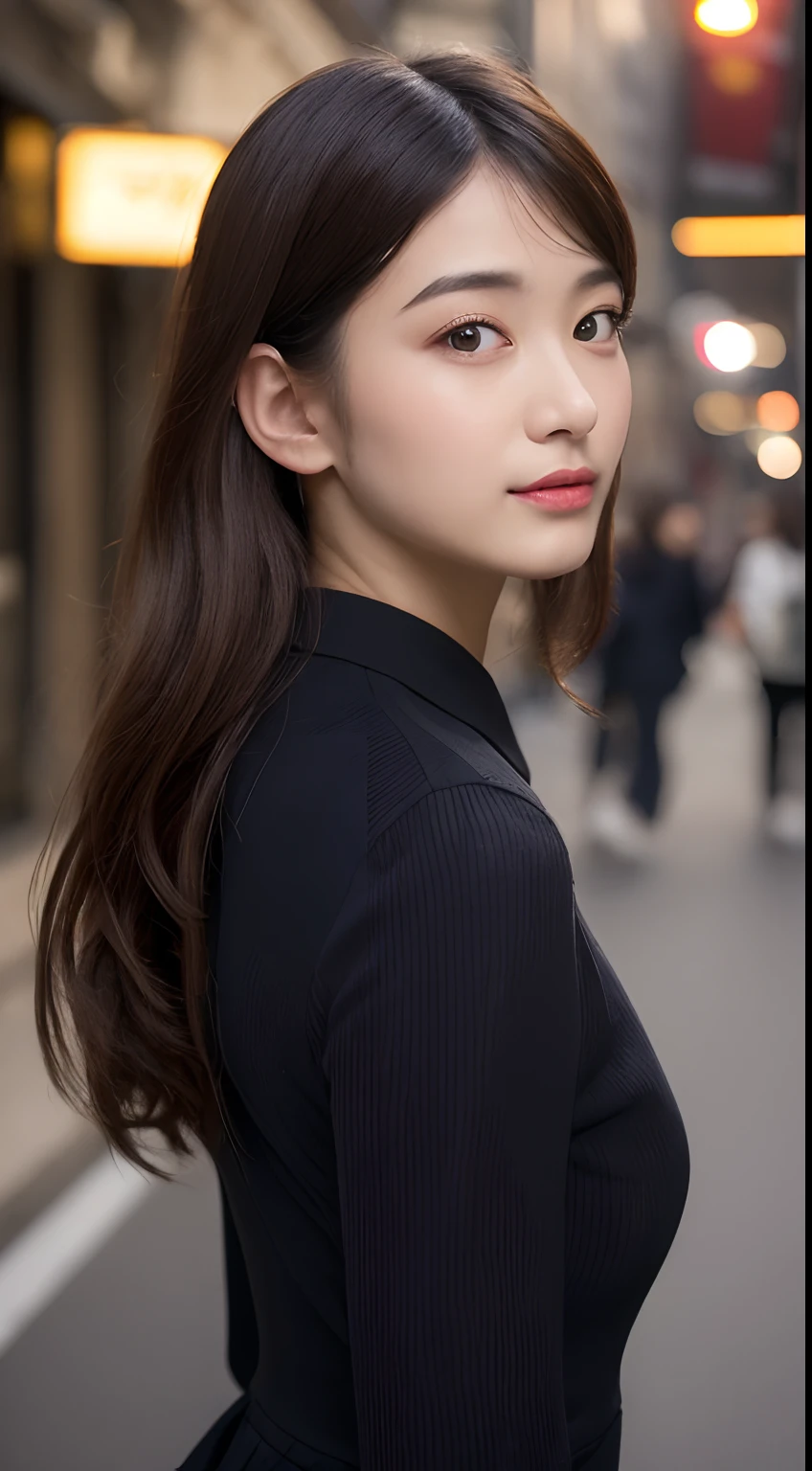 ((top-quality、8K、​masterpiece、:1.3))、1girl in、Amazing beauty，full body Esbian、Slim Faces、Pretty women、(dark brown hair)、qipao dress:1.1、Super Detailed Face、detailedeyes、二重まぶた、blurry backround、Slim Faces、nighttime scene、appearance、Street、raw,Back，Walking，raw,Back，Colossal tits