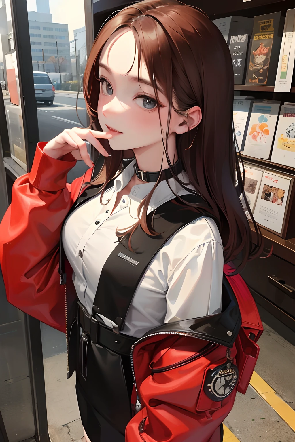 Works of masters,Best image quality,超高分辨率,8K分辨率,Realistic portraits,Exquisite facial features,s the perfect face,Girl,solo person,fireman,ssmile,mid hair,brunette color hair,Wave head,eardrop,Collar,Combat boots,are standing,Facing the viewer,城市,aerodrome