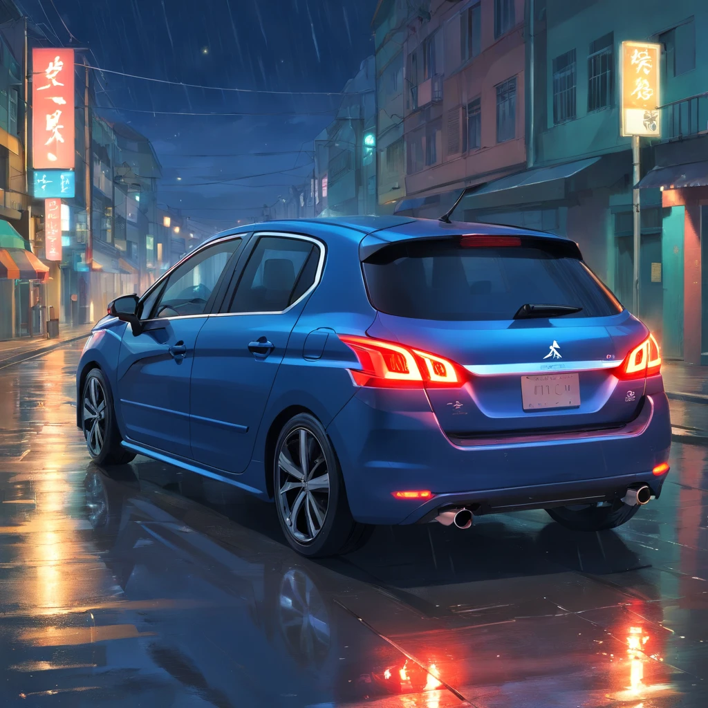 Um Peugeot 308 2009 cor chumbo com rodas escuras, dirigindo na cidade, chuva, noite