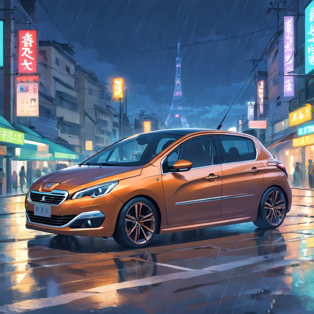 Um Peugeot 308 2009 cor chumbo com rodas escuras, dirigindo na cidade, chuva, noite