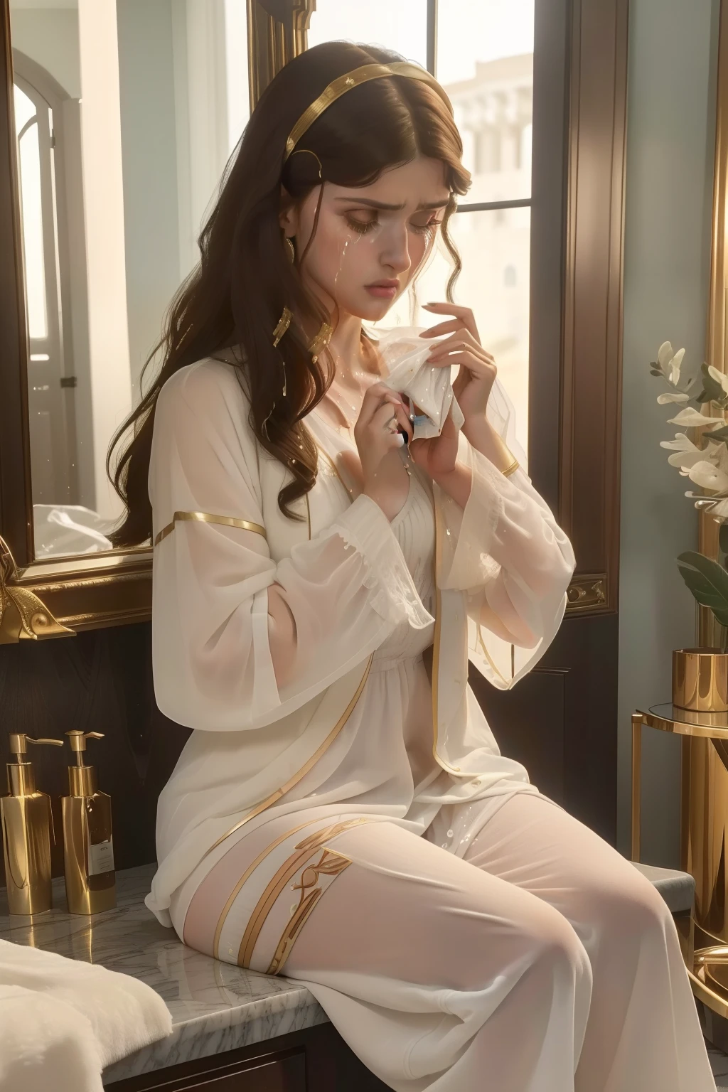 year: 2023. Location: Seville, Spain. Pre-Raphaelite scene with (((Alexandra Daddario))), dark hair, sitting in front of a ((vanity table)), pyjammas, sad, (((((crying))))), ((big tears)), ((((Clothing from the 2020s)))) ((Hairstyle of the 2020s)), ((("OMITB" cinematography)))