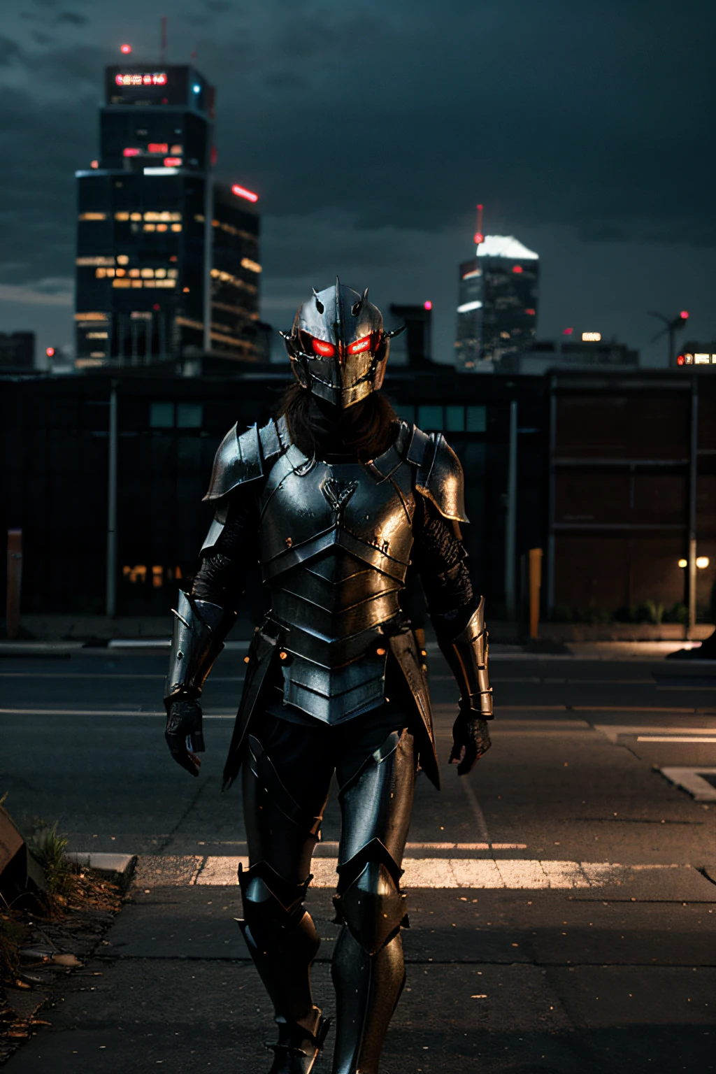 glowing possessed armor with a city backgorund