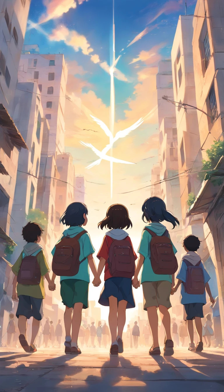 Create a heartwarming yet powerful artwork that portrays a group of Palestinian children of different ages, holding hands in unity. They stand beneath a fluttering Palestinian flag, their faces filled with determination and hope. Despite their youth, they radiate courage and strength, symbolizing that they are not afraid to fight for their homeland and their right to live in peace. The artwork should convey the resilience of the Palestinian people and the unbreakable spirit of the younger generation in their quest for justice and freedom.