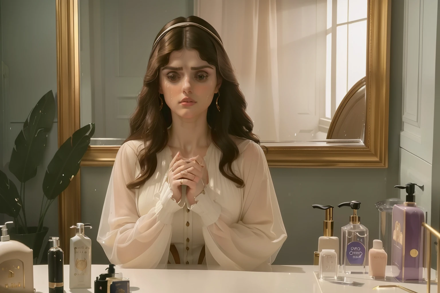 year: 2023. Location: Seville, Spain. Pre-Raphaelite scene with (((Alexandra Daddario))), dark hair, sitting in front of a ((vanity powder table)), bedroom, pyjammas, sad, (((((crying))))), ((big tears)), ((((Clothing from the 2020s)))) ((Hairstyle of the 2020s)), ((("OMITB" cinematography)))
