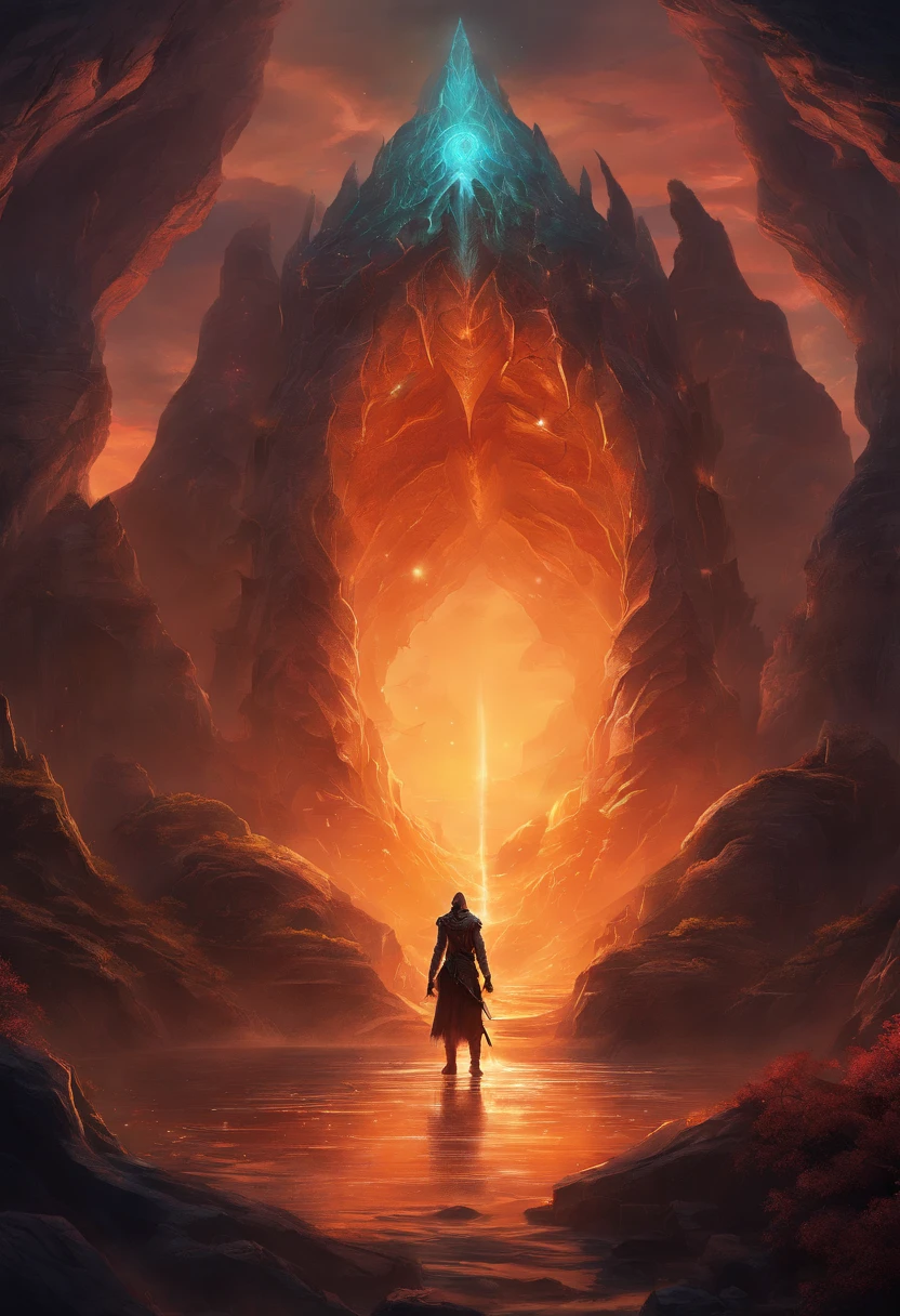 Serpentine body monster,eyes glowing,A man stands in front of a cave, 4K fantasy art, Epic fantasy digital art style, epic fantasy sci fi illustration, epic fantasy game art, fractal thunder dan mumford, epic fantasy artwork, Epic fantasy art style HD, Symmetrical epic fantasy art, Detailed digital 2D fantasy art, 8K fantasy art, Epic fantasy style art