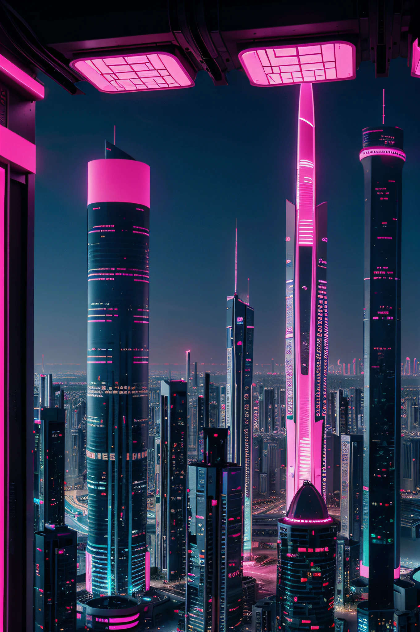 futuristic city of bahrain, magenta, neon glow, futuristic, landscape, masterpieve, 8K