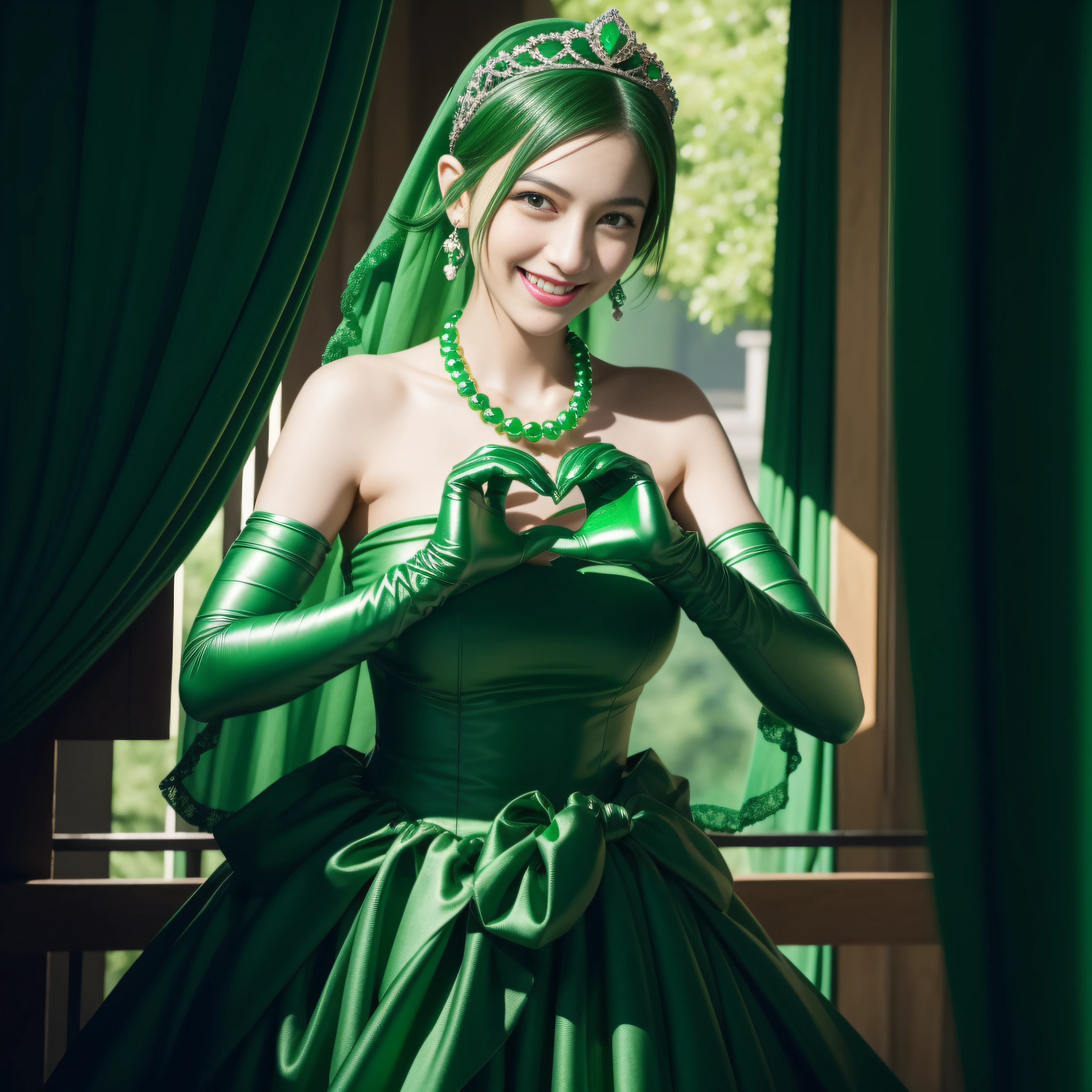 emerald tiara, Green Pearl Necklace, Boyish very short black hair, lipsticks, Japan woman smiling, very short short hair, big breasts beautiful, Green eyes, Long green gloves made of satin material, Green eyes, Emerald Earrings, green vale, Heart with both hands