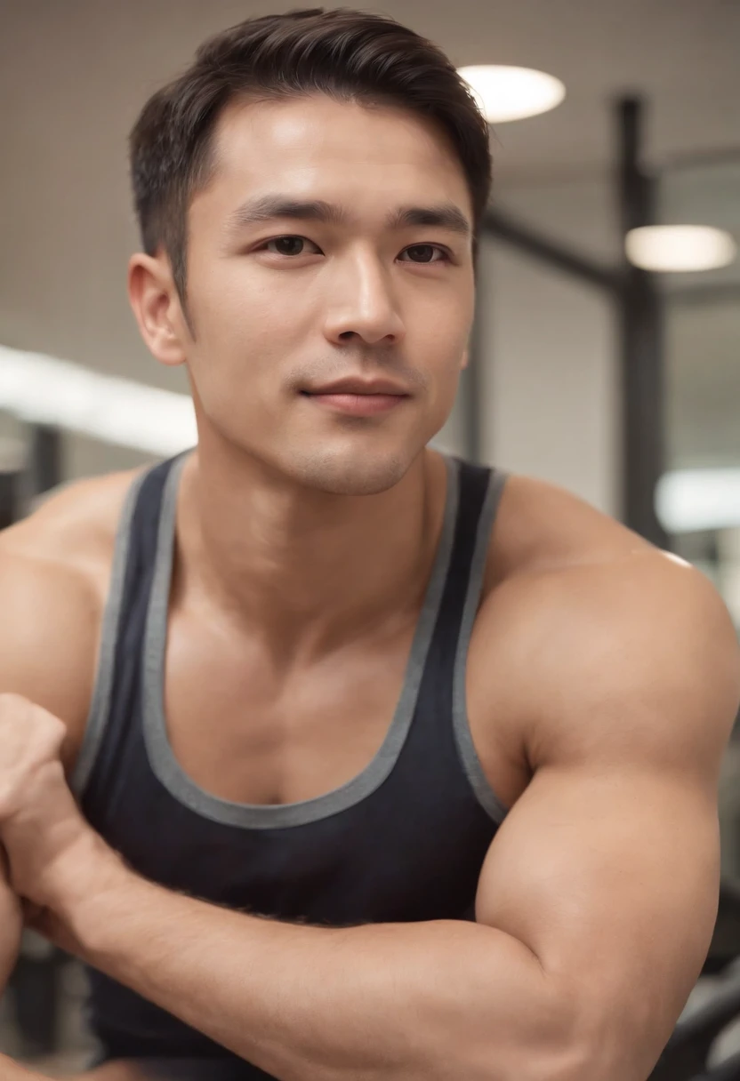 Asian men's gym wears a full tank top , musculous, Height 190 cm, Handsome face blemish, (Draw eye details), (hentail realism), 8k, ultra realistic, 37 years old, gym in the background, blck long hair,