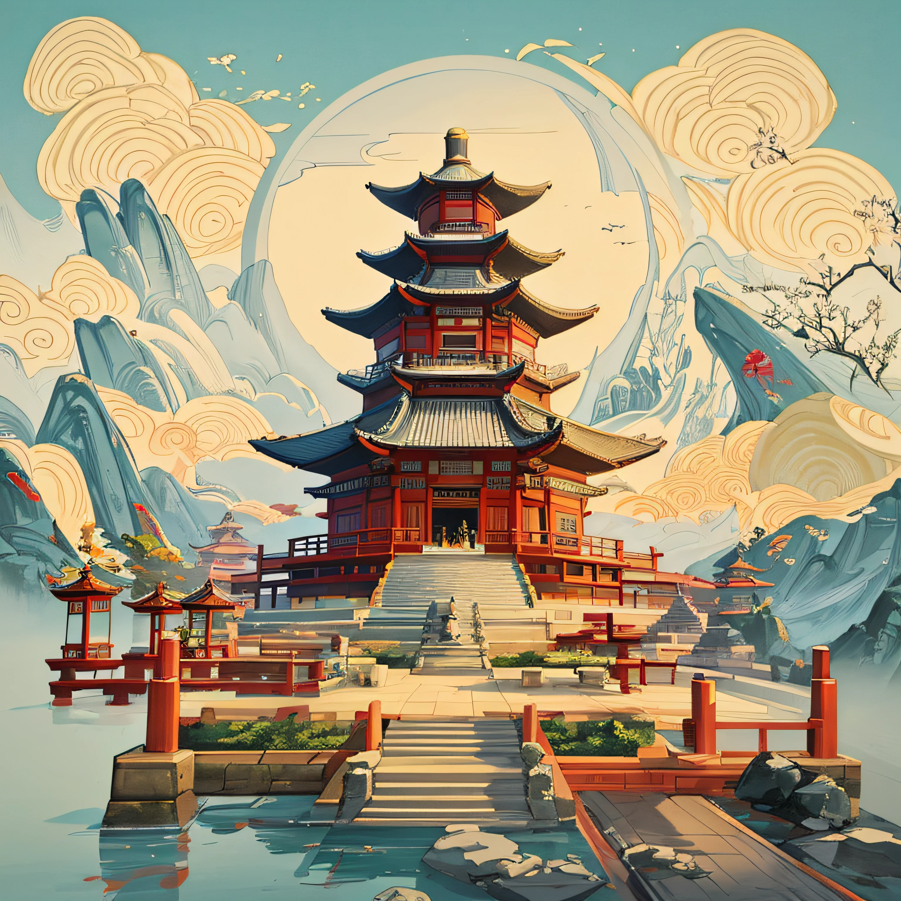 There is a picture of a pagoda，There is a statue in the middle, digital painting of a pagoda, Zen temple background, A beautiful artwork illustration, background depicting a temple, guanyin of the southern seas, ancient china art style, Temple background, Chinese watercolor style, serene illustration, pagoda, Guanyin, cyberpunk chinese ancient castle, beautiful painting of a tall