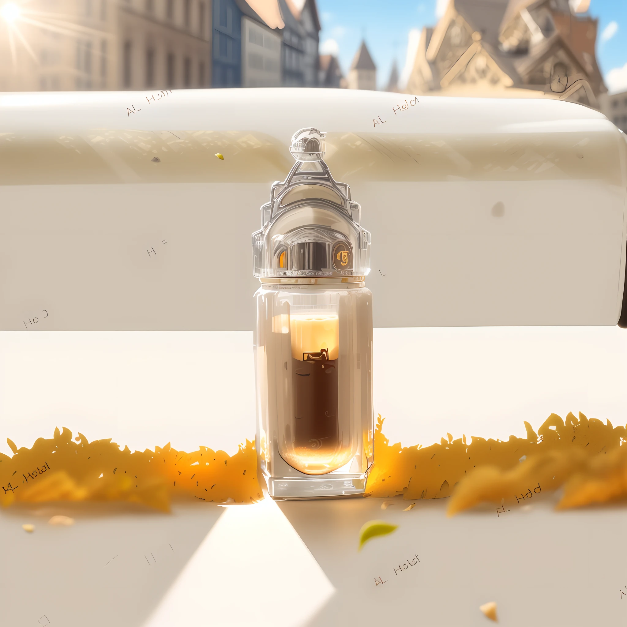 Brustwarzen, Best Quality, ultra-detailliert, Focus on latte with leaves pattern, Sunny street in the background