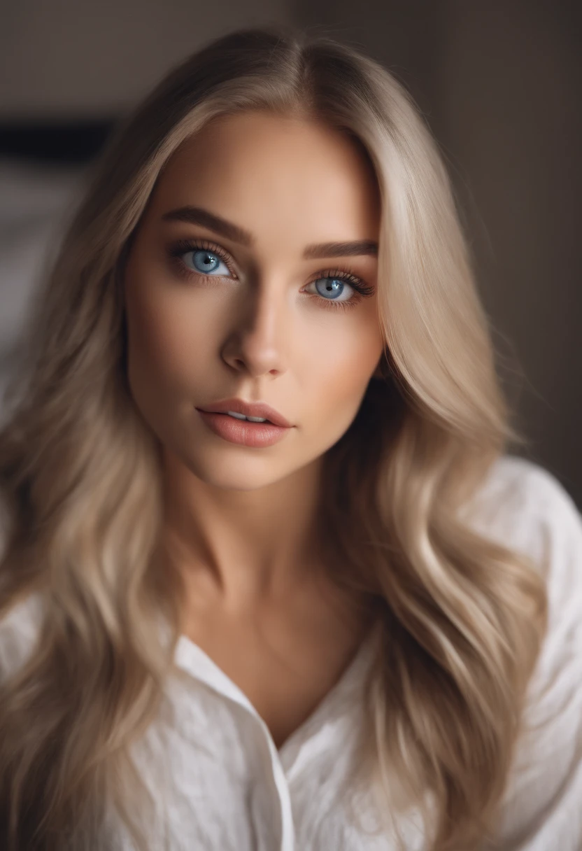 Arafed woman in full , Sexy girl with blue eyes, ultra realistis, Meticulous detail, portrait sophie mudd, blonde hair and large eyes, selfie of a young woman, bedroom eyes, violet myers, no makeup, natural makeup, looking straight at camera, face with artgram, fine makeup, Stunning full-length shot, kneeling on the bed, in bedroom, Bust of large size