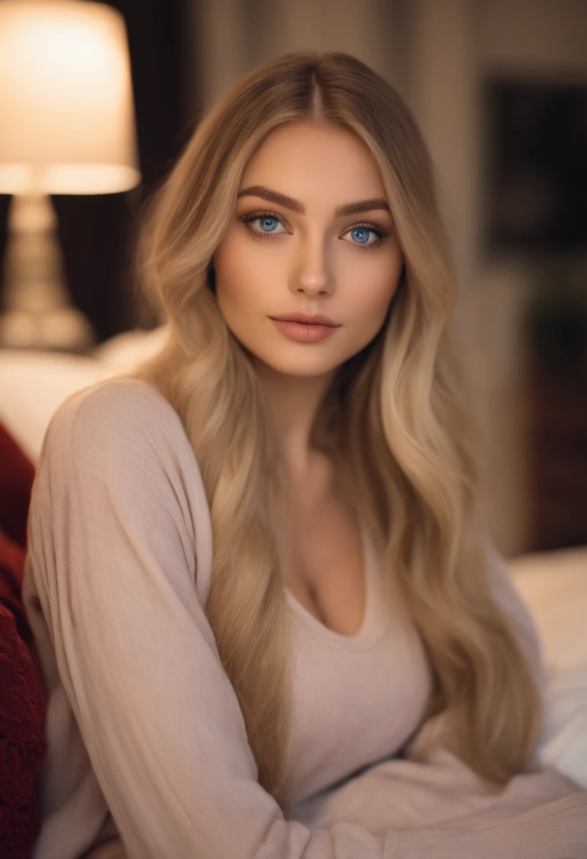 Arafed woman in full , Sexy girl with blue eyes, ultra realistis, Meticulous detail, portrait sophie mudd, blonde hair and large eyes, selfie of a young woman, bedroom eyes, violet myers, no makeup, natural makeup, looking straight at camera, face with artgram, fine makeup, Stunning full-length shot, kneeling on the bed, in bedroom, Bust of large size