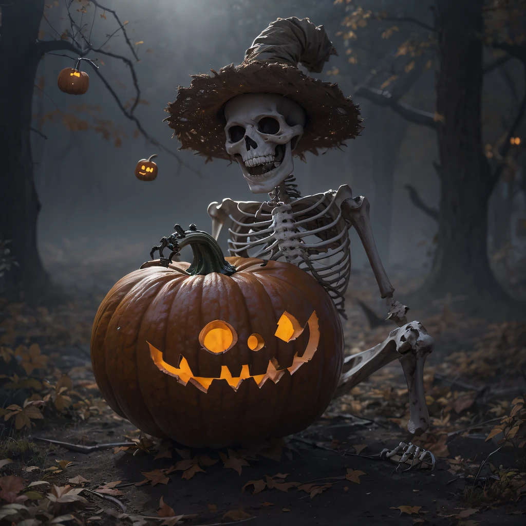 Halloween poster, graveyard, skeleton, pumpkin, bat, dim, realistic ray tracing