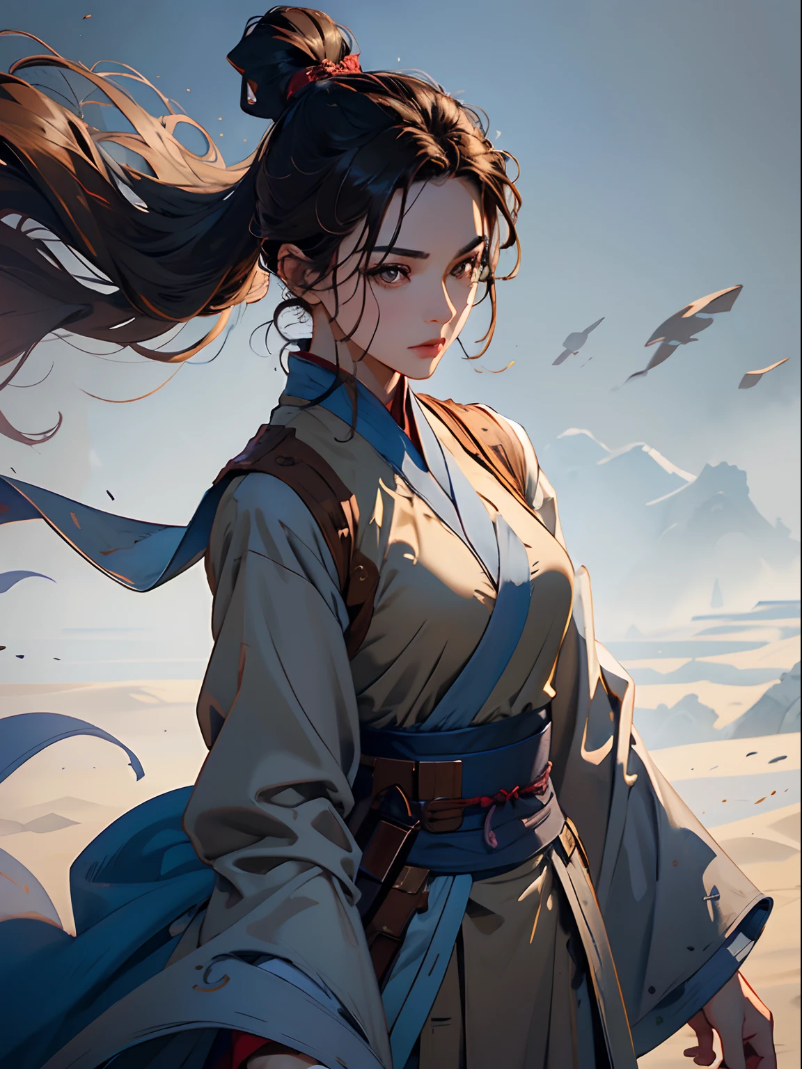 A woman who is，The head of the big shot，Dark brown main color picture，Brown clothing，Upper body portrait，A steady and vigorous look，hair flowing，Gentle eyes，The background is the wind and sand of the ancient battlefield，Ultra-clear image quality，8k ultra high definition，Wuxia style costume。