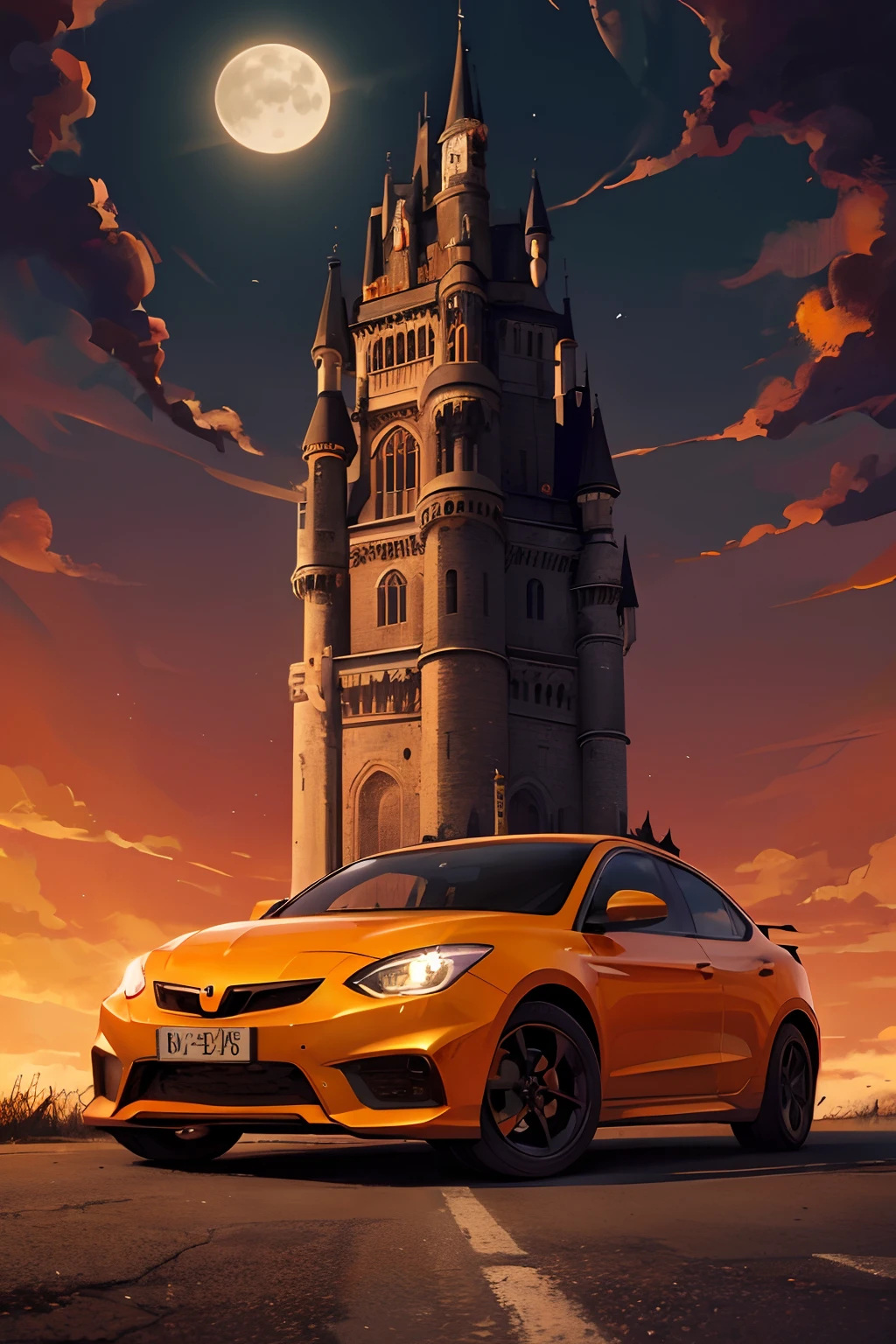 There was a car driving on the road,There is a pumpkin on top, Behind is the castle of horrors,Full moon at night,There were bats flying by,halloween art style, halloween atmosphere,Pumpkins in the back of the car,Bats flew through the woods behind the castle,Scary vampires