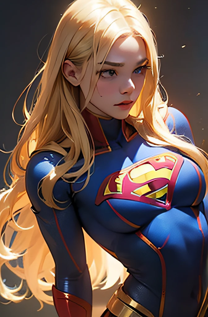 Supergorl, long blonde hair, 18 years old, large breasts, wearing (lingerie supergirl Suit), highly detailed, Artstation, soft, sharp focus, 8K, (underboob), strapless bra, bra hopefully falling,exposed Breast, ripped bodysuit,down pose --auto