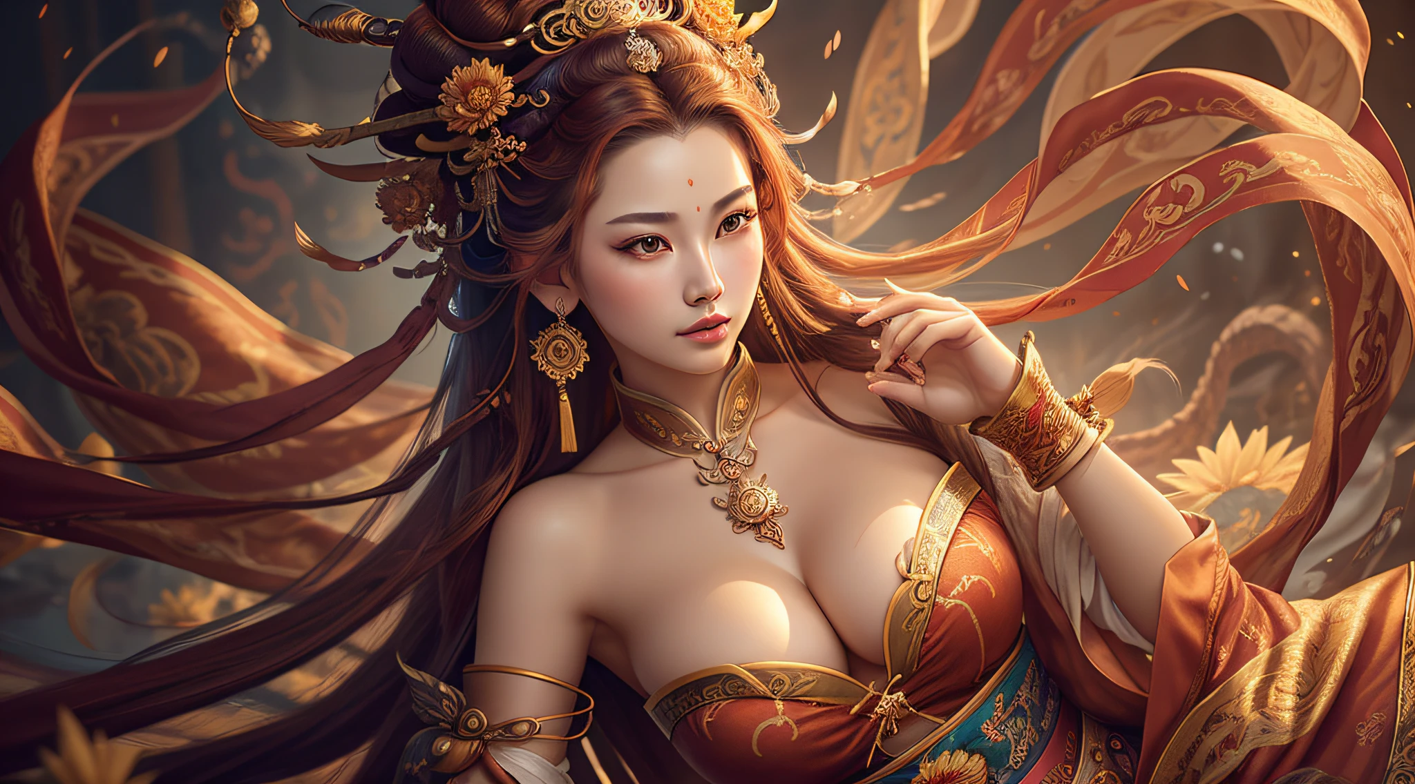 (bestquality,10,10,highres,masterpiece:1.2),ultra-detail,(Realistic,photorealistic portrait,photo-realistic:1.37),General Chinese,(photorealistic portrait:1.4),RAW photo,,illustration, Dance 1girl,(bara:1.2),(cowboy shot:1.2),(Hair crown:1.2),Traditional Chinese Dunhuang style clothing,strapless,(red eyeliner:1.2),(Big breasts:1.4), earrings,dynamic angle,entertainment,messy_long_hair,ink,Cinematic lighting,lens_flare,Velvet,chrysanthemum,tassels,ribbons,embroidery,Close-up of logo with dragon on it, Akiman, naga-tirr, Game Logo, dragon design language, fire flaming dragon serpent, Avatar For website, full - view, fire flaming serpent, when!, G Liulian Art Style, Full view, Logo Art, Aum, by Yi Gills, Sumai-e Art Style,Beijing Summer Palace view