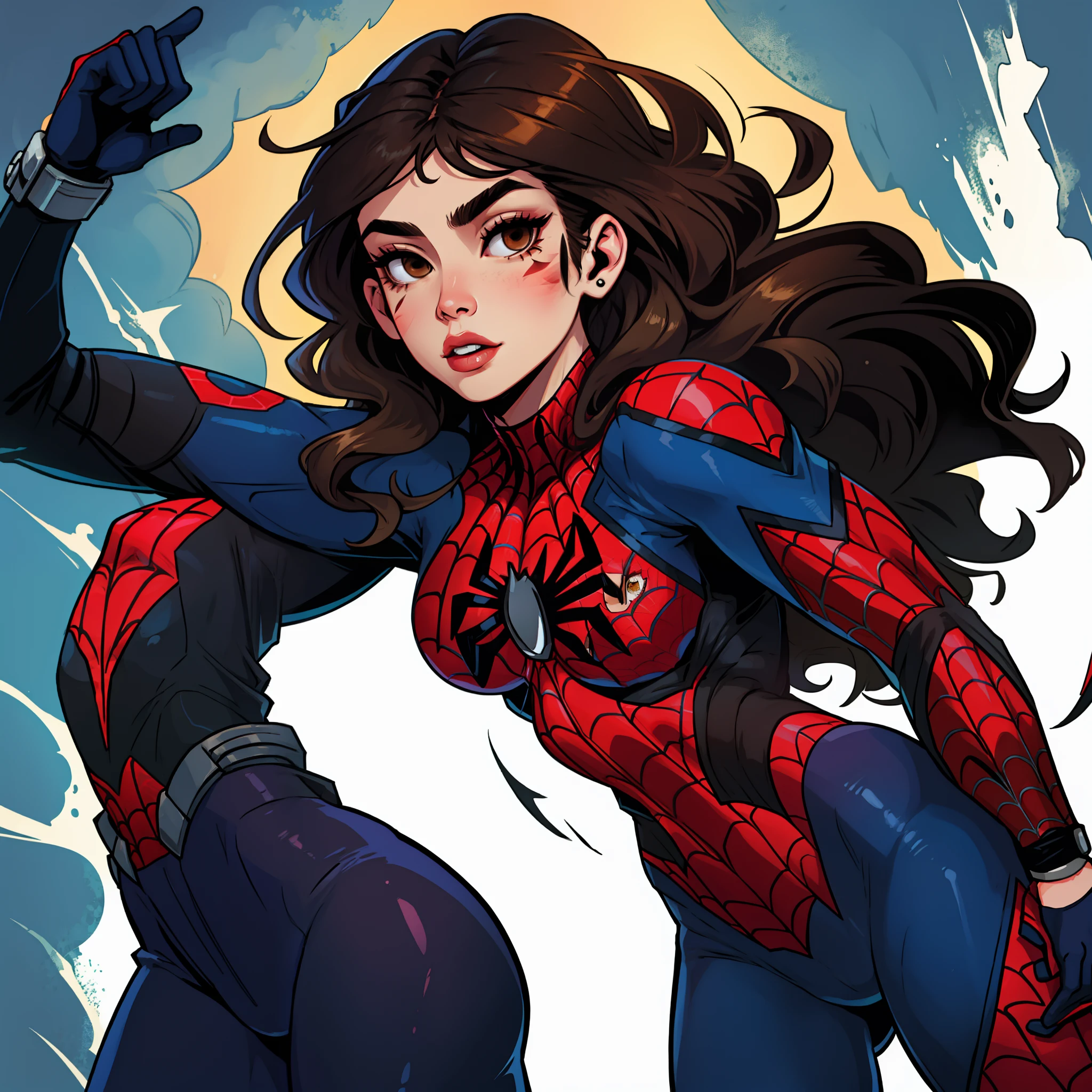 create a spiderman original character in the spider man comic style. she is a mexican girl with long slightly wavy dark brown hair going down to the middle of her thighs. she has big light brown eyes with a hint of red and long eyelashes. she has a beauty mark directly below the middle of her left eyebrow and in the center of her left cheek. she is spiderwoman with a black suit with yellow sleeves