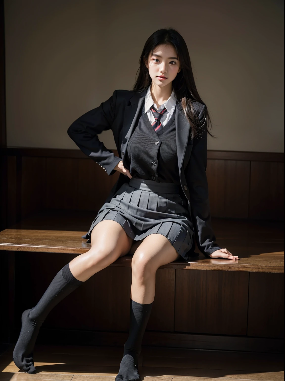 1 girl with shiny skin，best qualtiy，tmasterpiece，（Photorealsitic：1.4），breast enhancement,reality,offcial art,8K quality,Super detail,fine detail skin,Movie Angle,cinematic textures,Movie lighting,Masterpiece,Best picture quality,upper legs,Girl black stockings ,wearing skirt and high socks, of a schoolgirl posing, Japanese school uniform, realisticlying