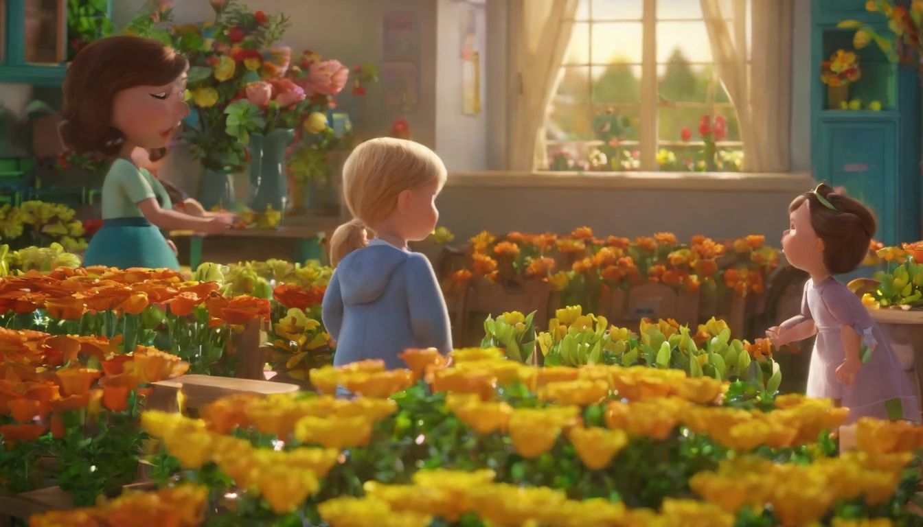 Two female kindergarten teachers stand holding flowers in the lower left corner of the picture, A 3-year-old boy presents flowers in welcome. ssmile,liveroom,home visit,Big space