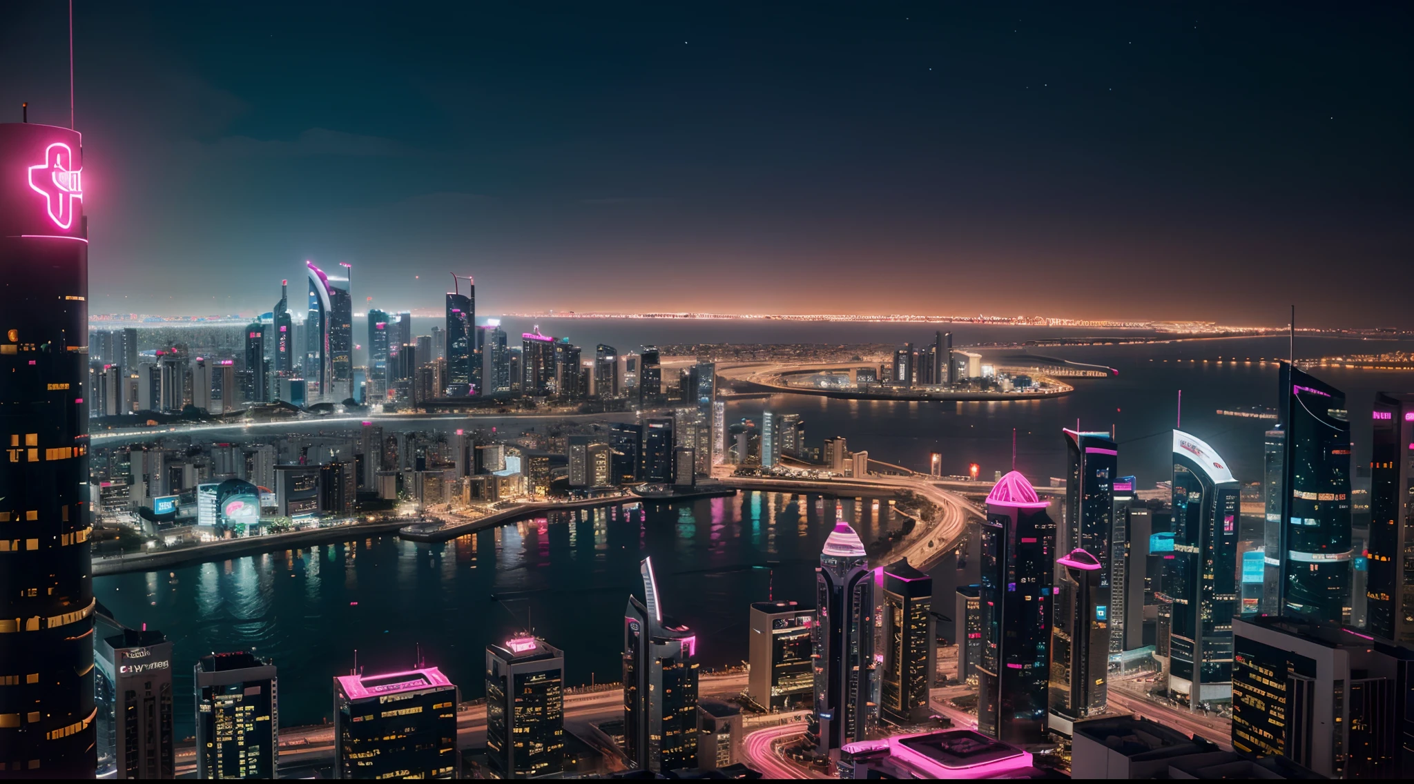 close view, city scape of bahrain, 4K, futuristic, detail, masterpieces, magenta neon glwong ligh