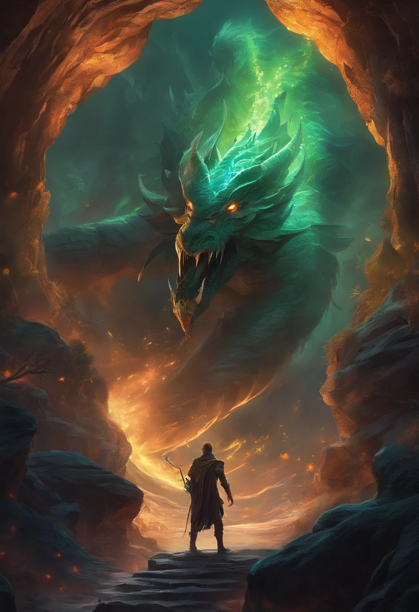 Dark style，The ferocious serpentine monster's tongue sticks out and drips saliva，Eye-glowing monsters，A man stands inside a cave, 4K fantasy art, Epic fantasy digital art style, epic fantasy sci fi illustration, epic fantasy game art, fractal thunder dan mumford, epic fantasy artwork, Epic fantasy art style HD, Symmetrical epic fantasy art, Detailed digital 2D fantasy art, 8K fantasy art, Epic fantasy style art