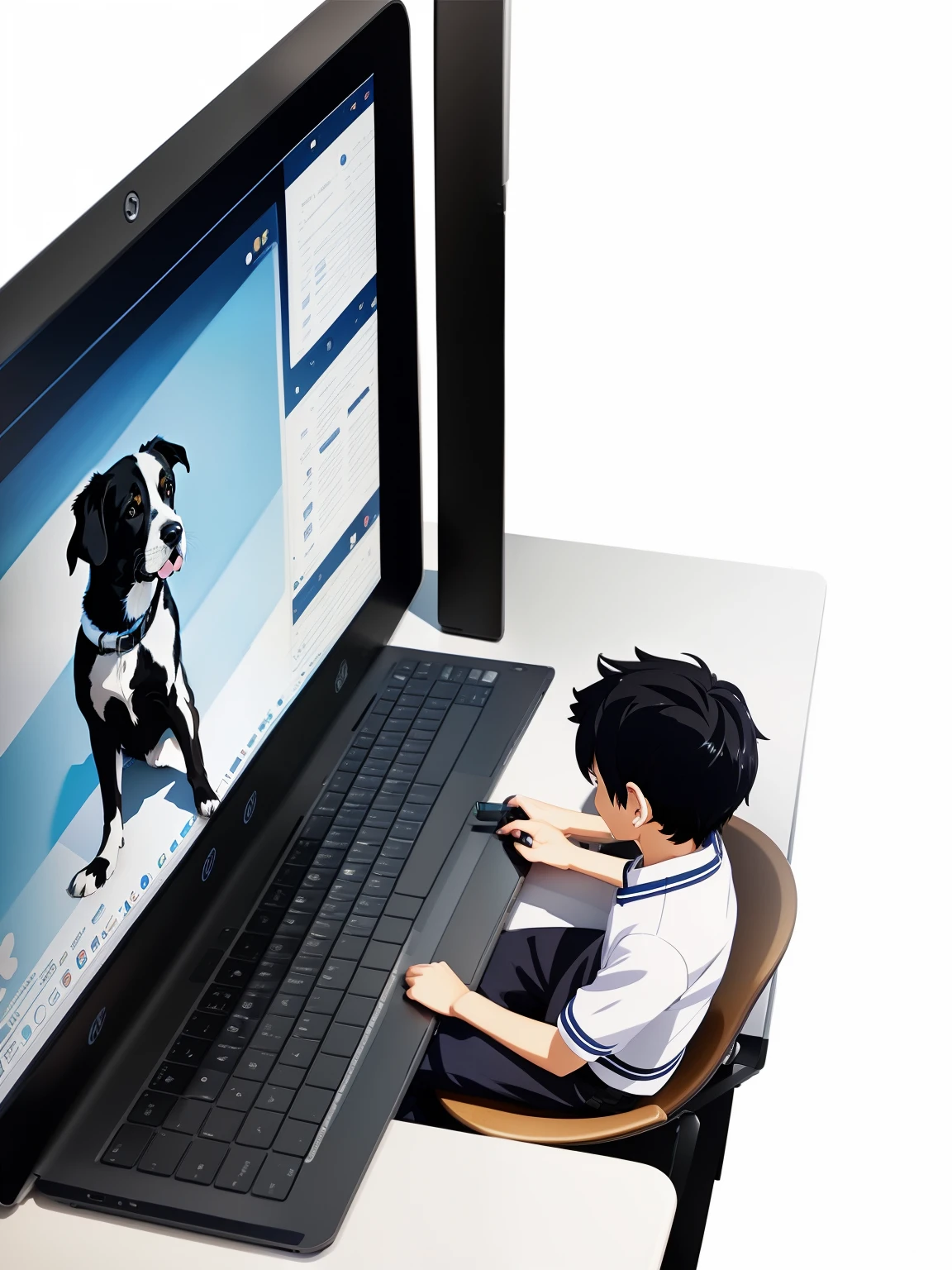 Boy sitting in front of laptop，Hand typing, The hand is typing, There is a dog on the screen, Shinkai Makoto style, Digital illustration, makoto shinkai art style, Makoto Shinkai. a digital rendering, style of anime,