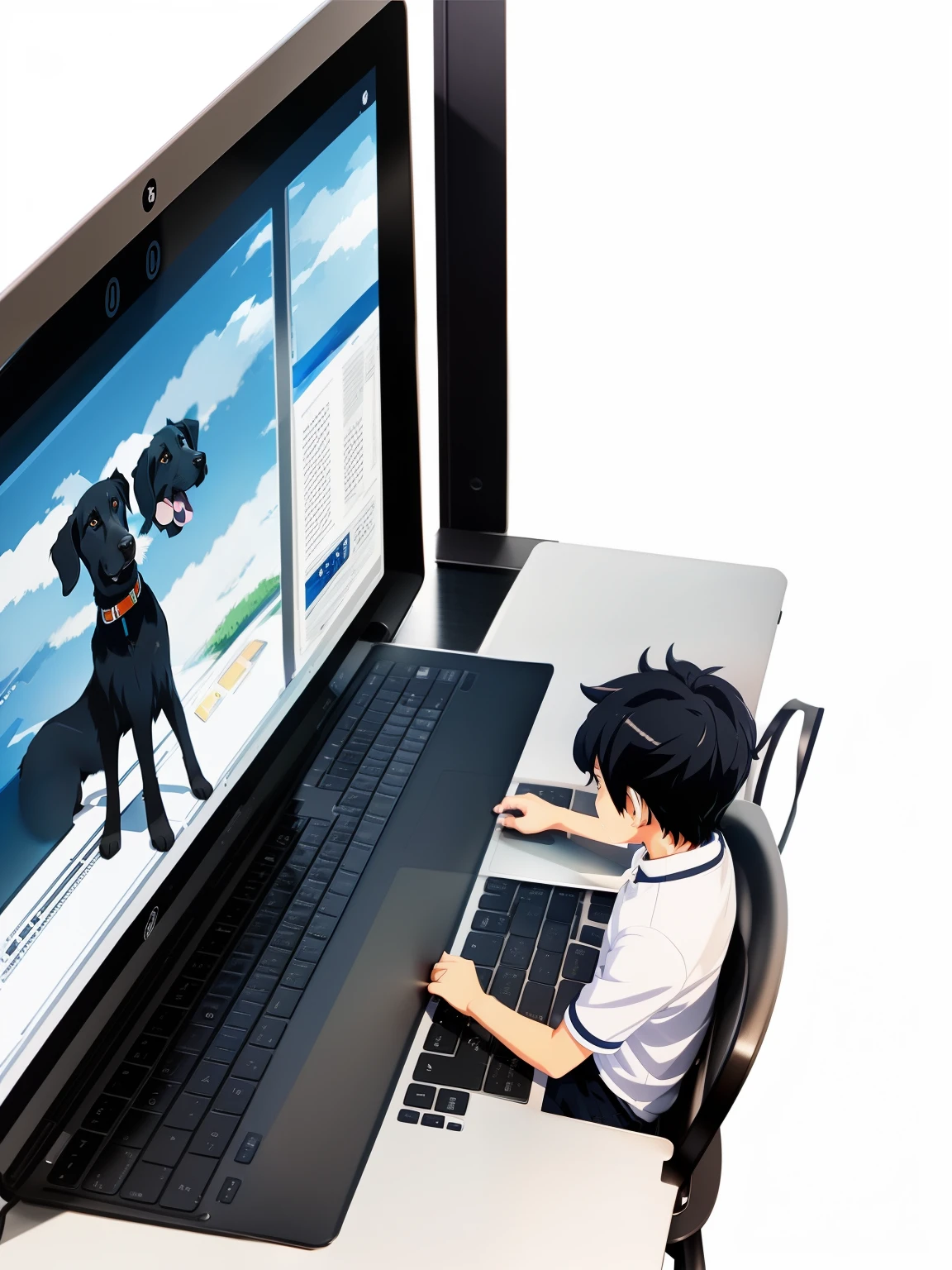 Boy sitting in front of laptop,Hand typing, The hand is typing, There is a dog on the screen, Shinkai Makoto style, Digital illustration, makoto shinkai art style, Makoto Shinkai. a digital rendering, style of anime,