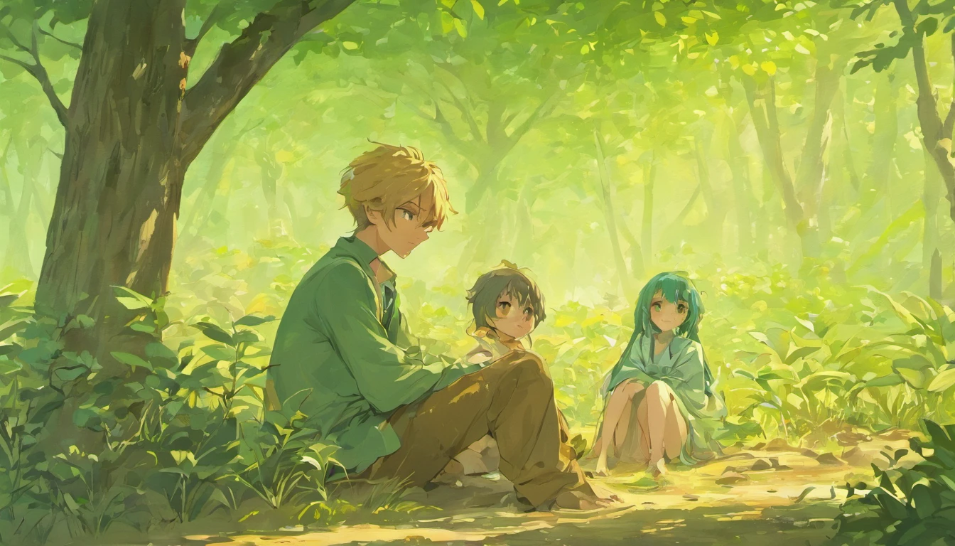 homem sabio com roupa deserto e menino com cabelo verde, sitting under the tree