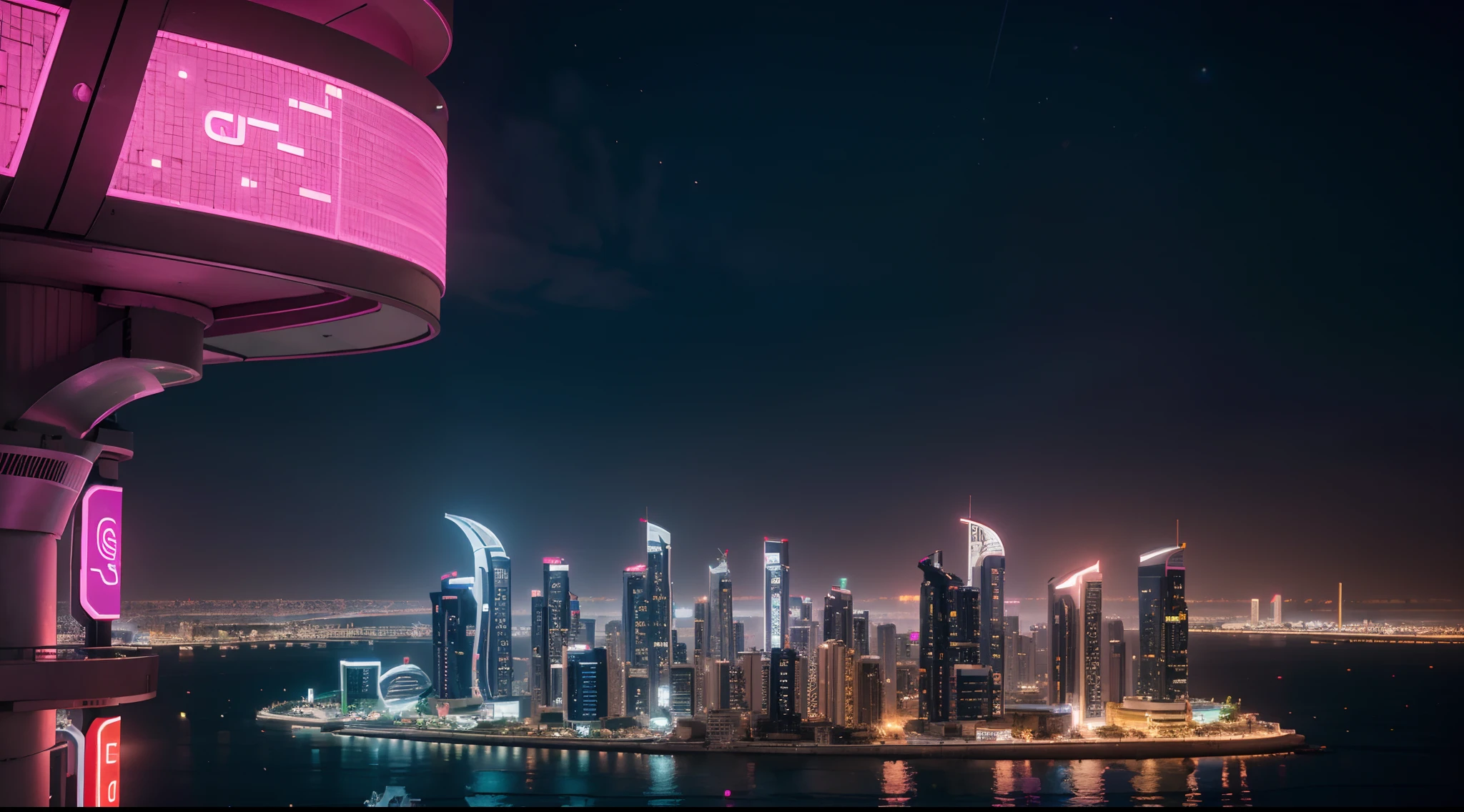 close view, city scape of bahrain, 4K, futuristic, detail, masterpieces, magenta neon glwong ligh