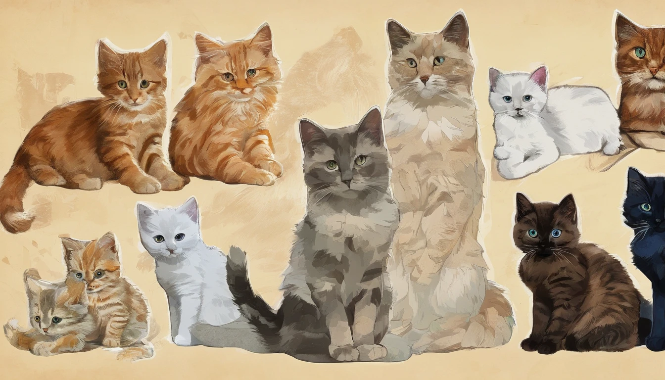 Kittens in various poses,Kittens of all breeds,Kittens of all colors,Atlas,character design sheet,8K分辨率,higher details,solid color backdrop