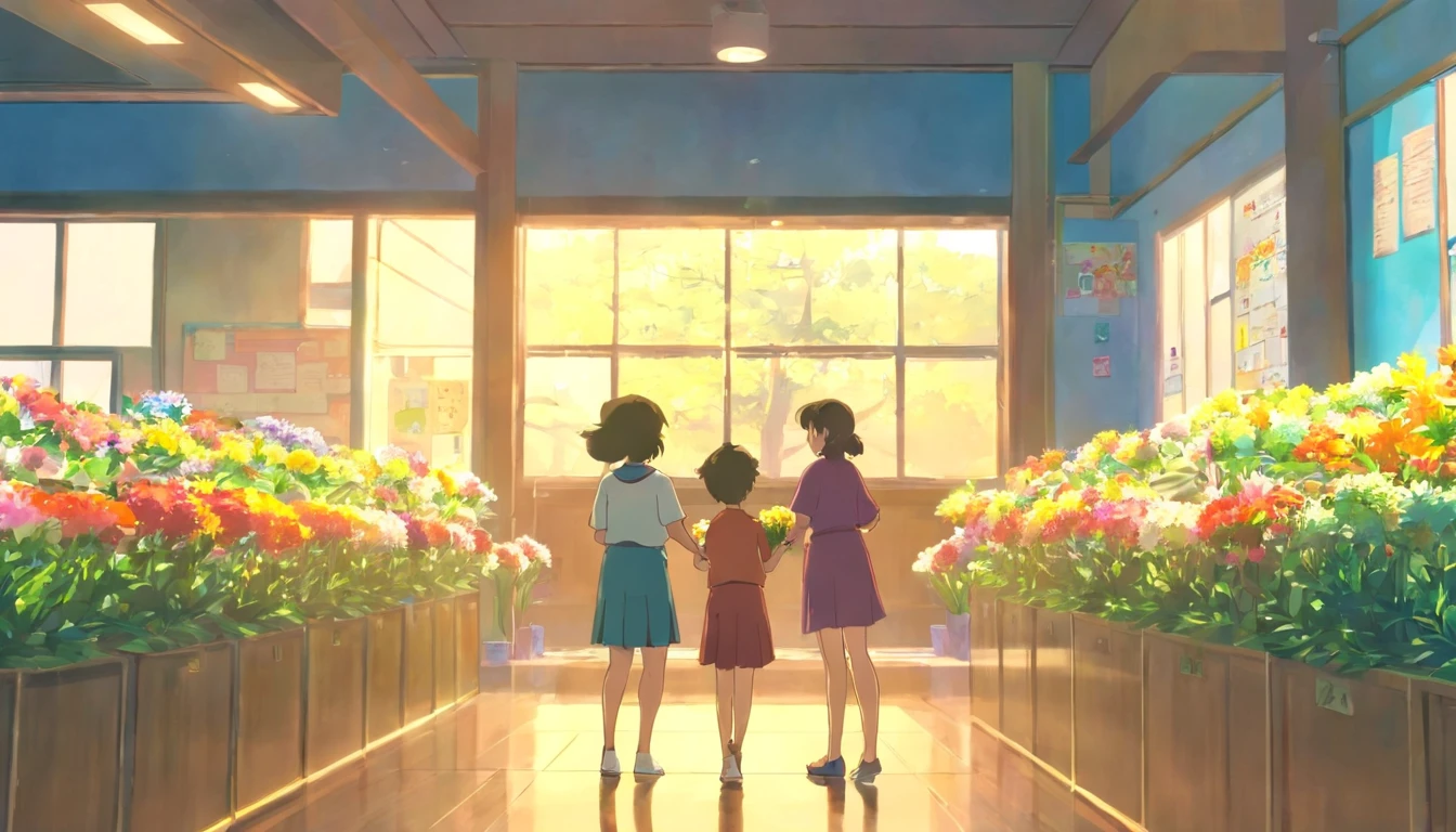 Two female kindergarten teachers stand holding flowers in the lower left corner of the picture, A 3-year-old boy applauded the welcome.liveroom，home visit，Big space
