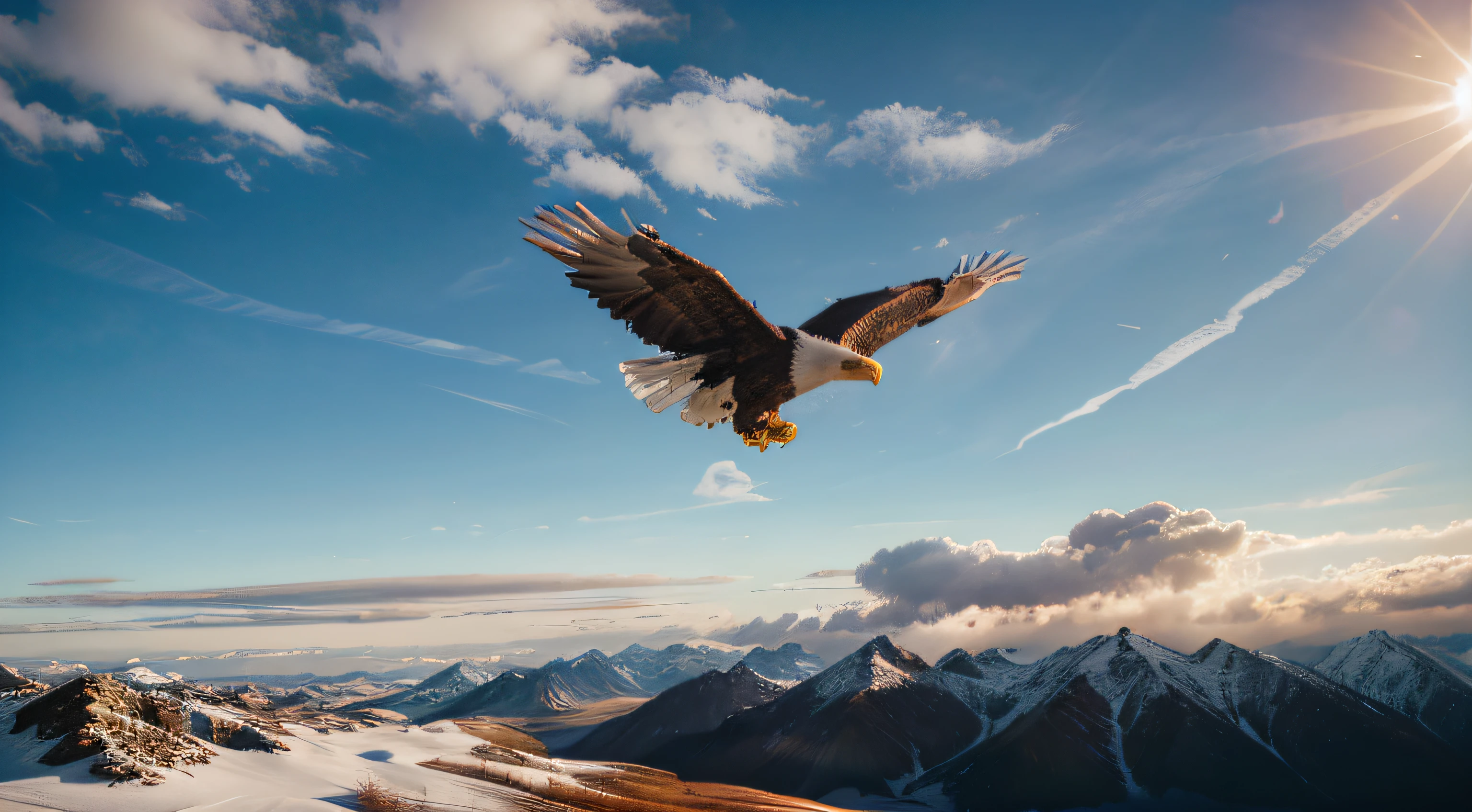 2400px wide by 600px high, high quality 8k detailed, eagle flying, sun and clouds in the background