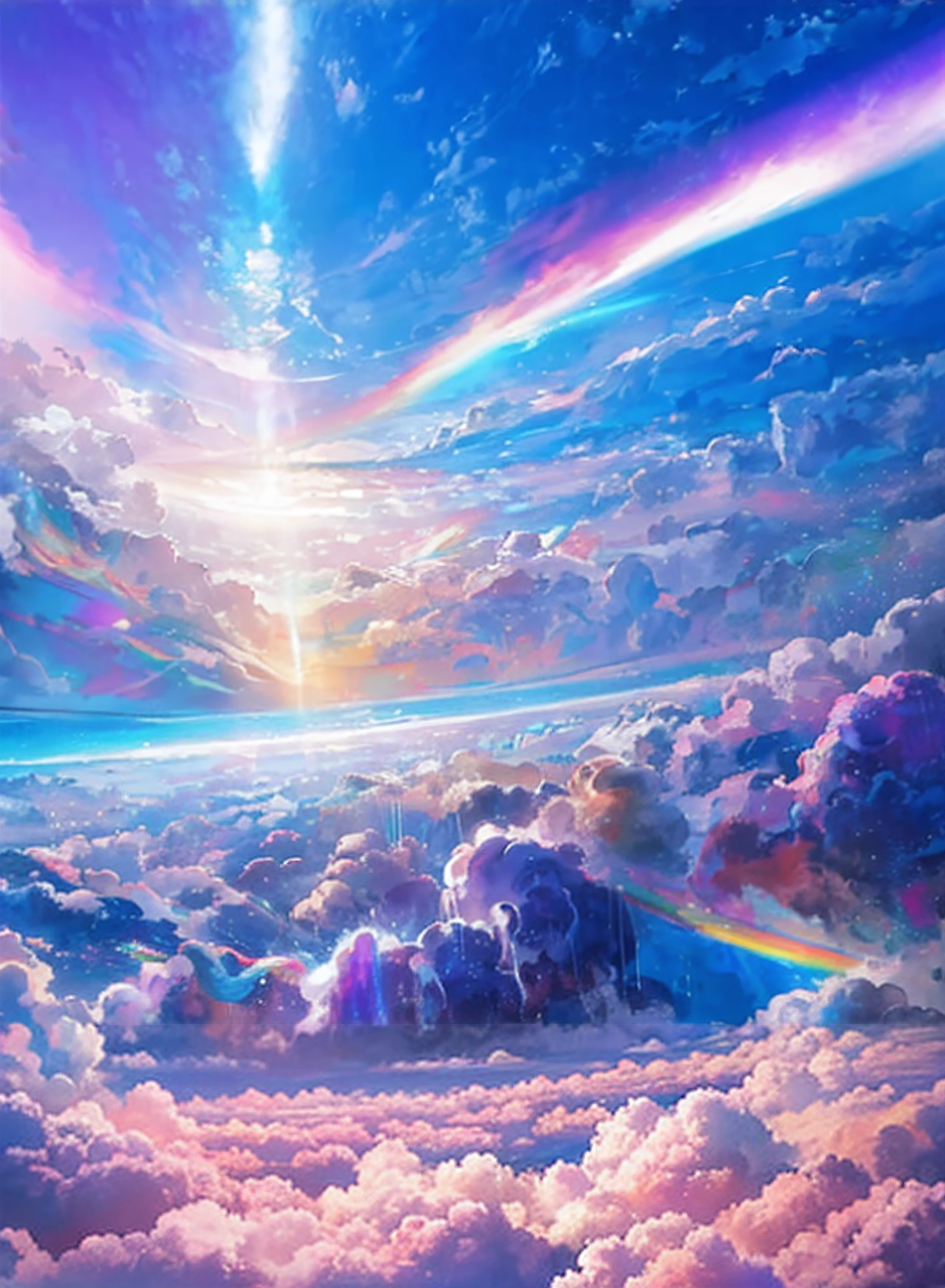 A painting of a rainbow-colored sky with clouds and rainbows, very colorful heavenly, ethereal rainbow nimbus, bright rainbow nimbus, iridescent clouds, heavenly colors, on cosmic cloudscape, sunny rainbow galaxy stormy sea, Rainbow clouds, ethereal rainbows, iridescent clouds, sitting on the cosmic cloudscape, heaven planet in background, Iridescent sky, Heavenly atmosphere