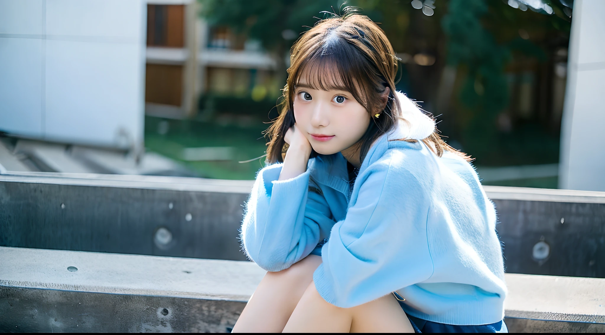 18-year-old high school girl wearing light blue miniskirt