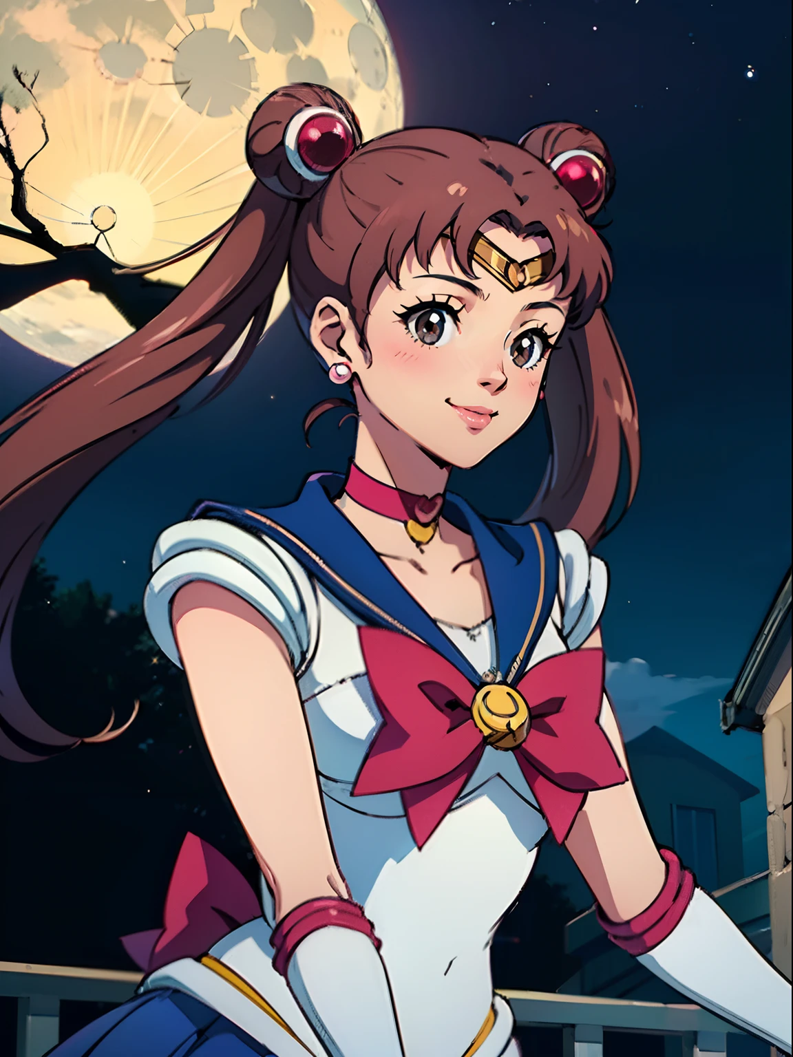 risekujikawa ,Sailor Moon, (white_panties:1.2), brown hair, brown eyes, double bun, twintails, parted bangs, circlet, jewelry, earrings, choker, red bow, white gloves, elbow gloves, blue skirt, blush, full moon, smile, wink