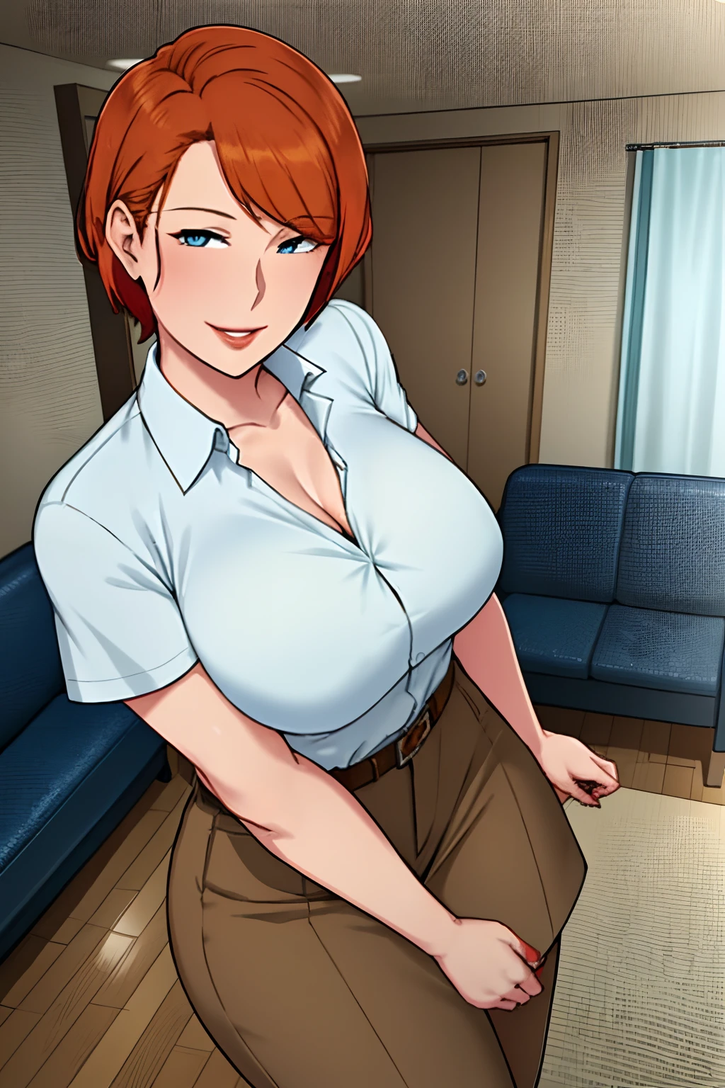 NTRman, masterpiece, best quality, 1girl, solo, mature female, short orange hair, curled bob haircut, middle parted hairstyle, blue eyes, healthy complexion, red lipstick, seductive smile, skinny arms, skinny waist, wide hips, thick thighs, cyan dress shirt, khaki pants, living room background