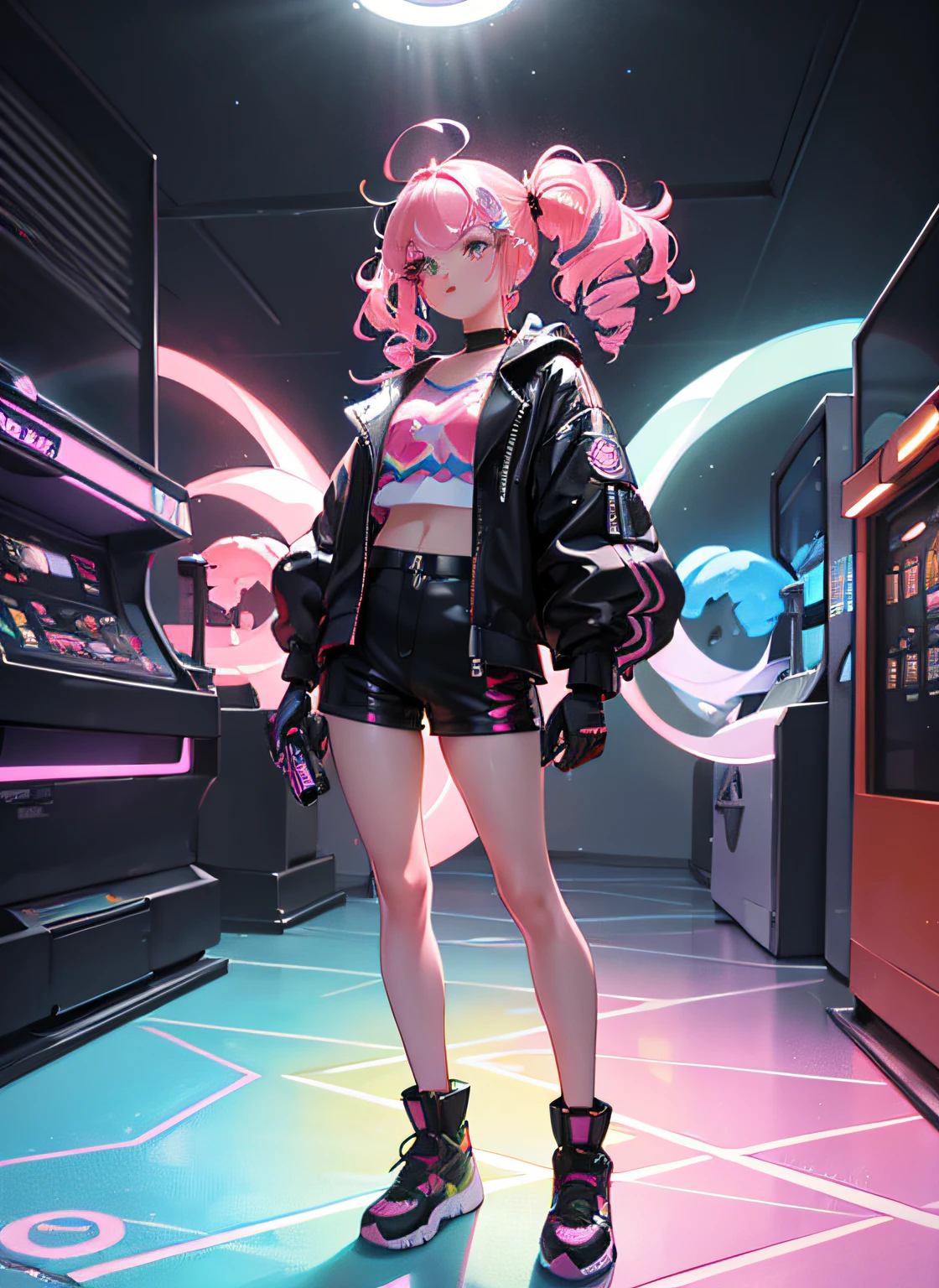 full body, 1girl, loli, solo, Eye focus,Masterfully crafted Glow, pink lens flare, Cinematic background,colourful, hyper details, hdr, ultra detailed eyes, mature, plump, rainbow painting drops,(supermodel:1.3), made up from paint, entirely paint, splat, splash, indoors, (bioluminescent hair:1.1),(glowing eyes), ((makeup)), fierce, powerful, splashes of colour absolutely eye-catching, dynamic angle, beautiful detailed glow, ambient occlusion, ambient light, raytraced reflections, retro style, living arcade characters, arcade style world, gloves, jacket,weapon, shorts, black gloves, black jacket, gun, drill hair, black shorts, eyewear on head, bubble blowing, chewing gum, (Cute face:1.3),