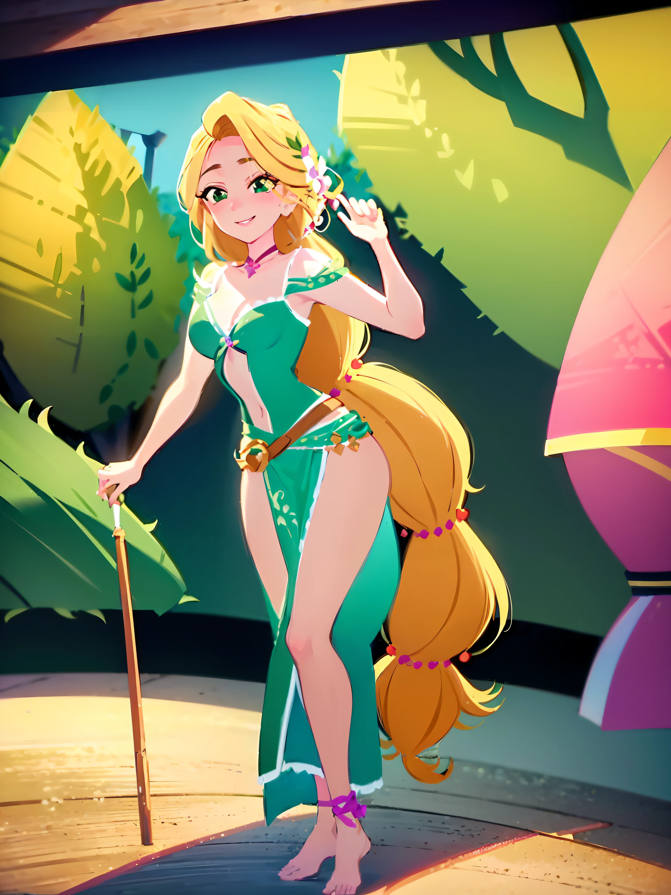 (masterpiece, best quality, high resolution: 1.5) Rapunzel stands up in the pool and kisses the viewer. rapunzel, stands in the pool, kisses the viewer, green island outfit, (loose hair: 1.7), great smile, green eyes, close up camera