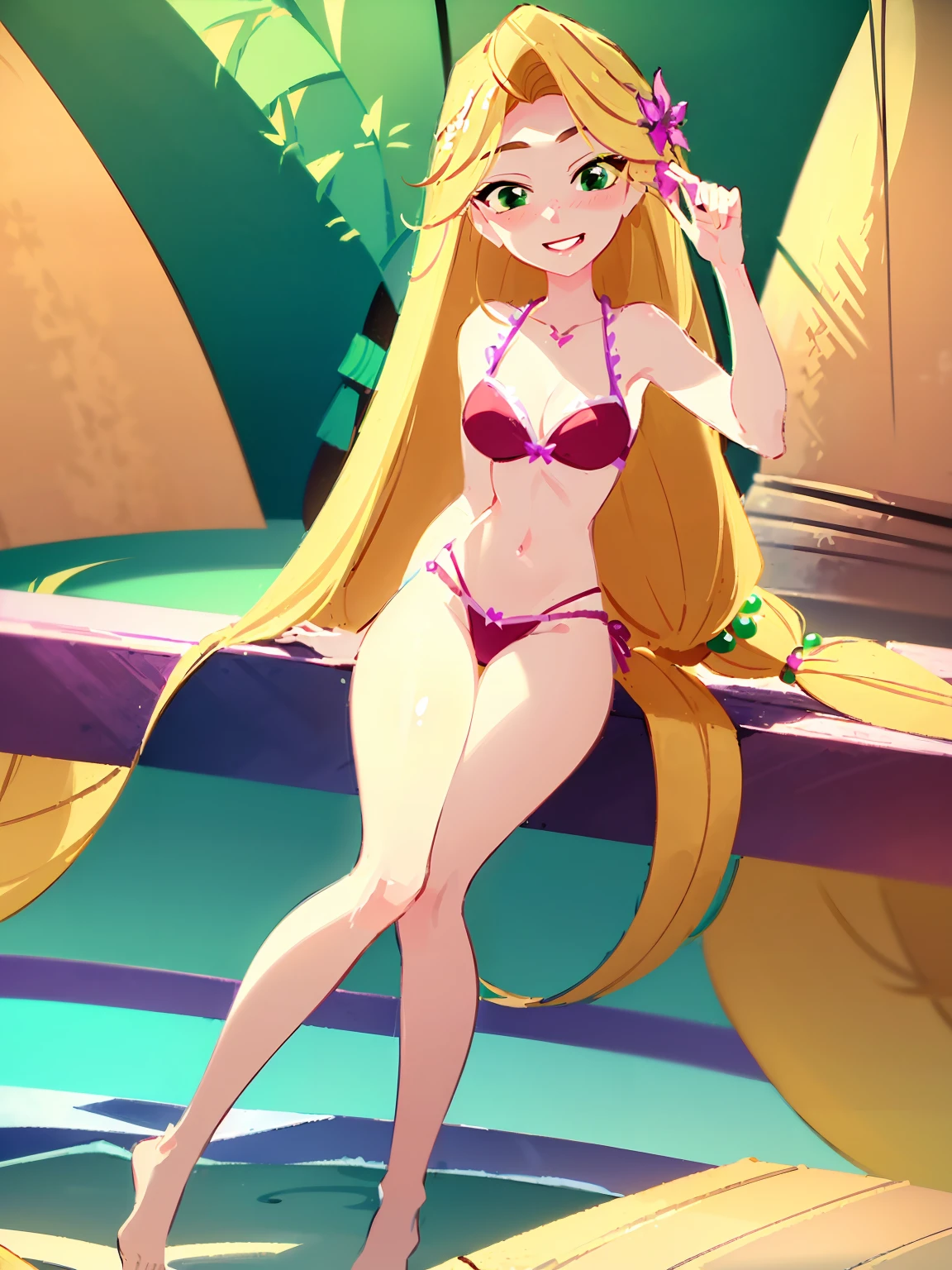 (masterpiece, best quality, high resolution: 1.5) Rapunzel stands up in the pool and kisses the viewer. Rapunzel has a pink and green two piece bikini on. rapunzel, stands in the pool, kisses the viewer, green island outfit, (loose hair: 1.7), great smile, green eyes, close up camera