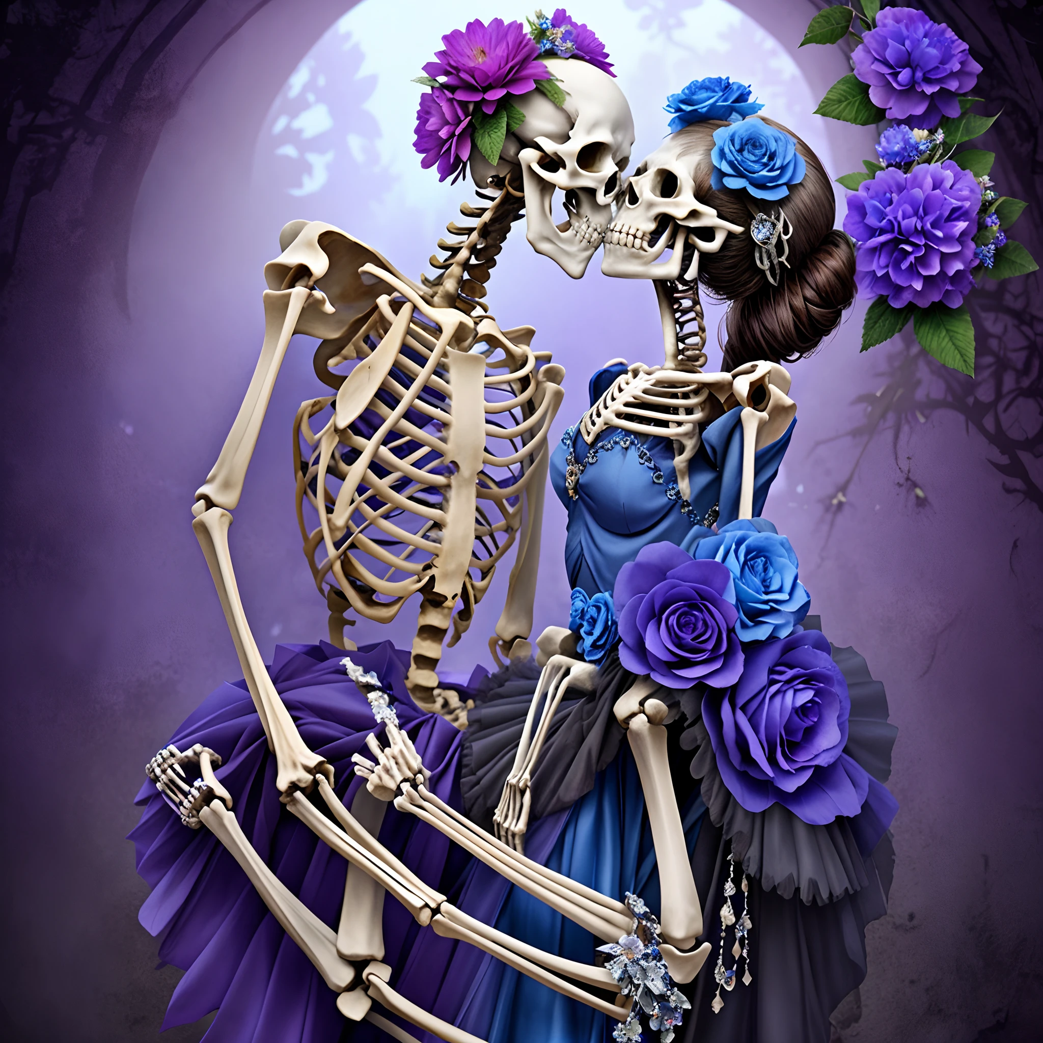 （Male skeletons wearing blue flowers on their heads and female skeletons in ballet dresses), ((( Skeleton ))), （Half-body skeleton,）,  Skeleton, Love and death, （Tutu dress：1.2），（The body grows many, many flowers：1.37）, （Perfect bone structure：1.37）, skullgirls, ska skeleton and girlfriend, skeletons, （kissing pose：1.37）, intricate skeletal decorations, skull bones flowers, Intricate skull decoration, Pedras preciosas，fresh flowers，butterflys，Butterfly,
surrealism,Imaginative,Fever-Dream,impossible,Dark fantasy,Bejeweled,Ultra-sharp details
background：Blue-purple dreams