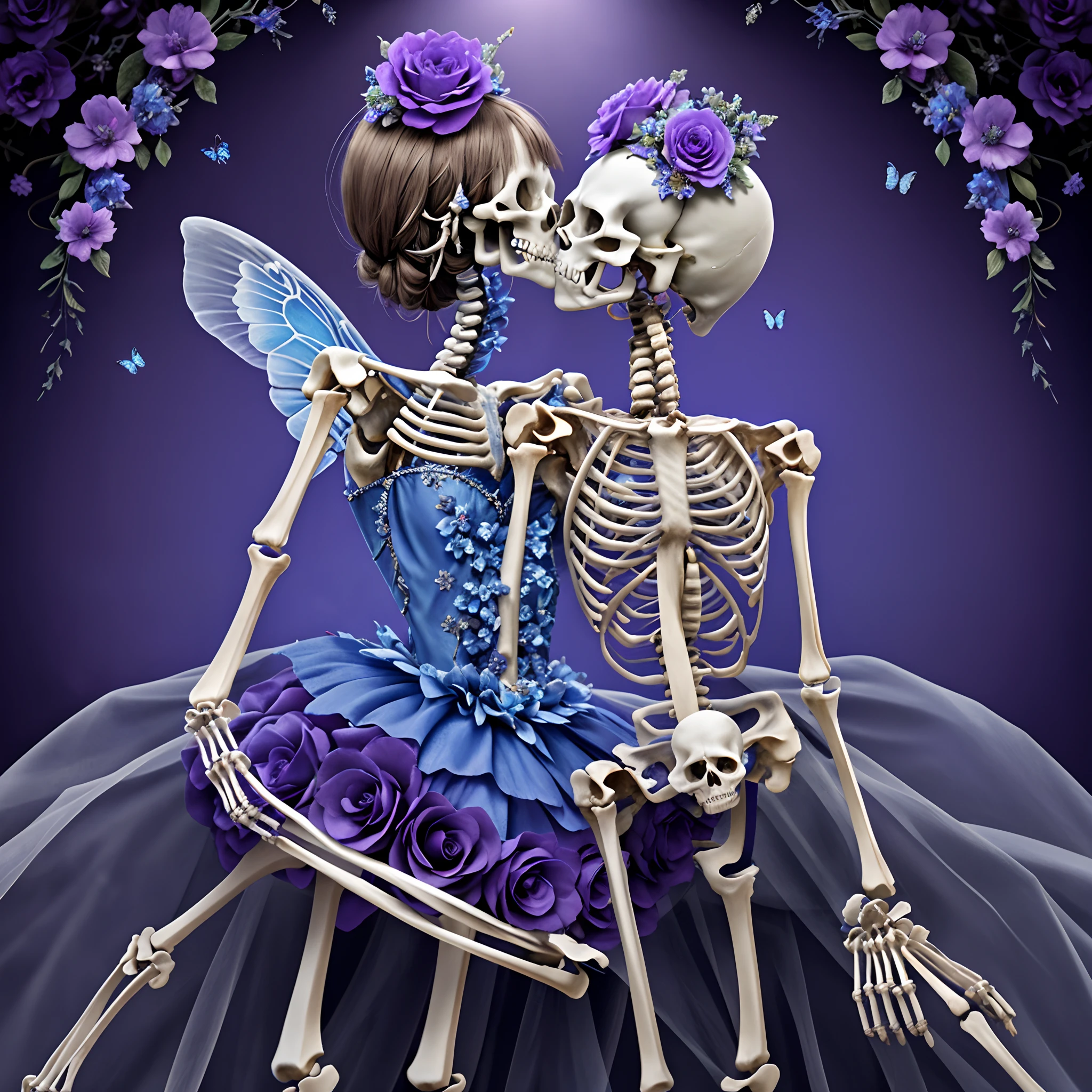 （Male skeletons wearing blue flowers on their heads and female skeletons in ballet dresses), ((( Skeleton ))), （Half-body skeleton,）,  Skeleton, Love and death, （Tutu dress：1.2），（The body grows many, many flowers：1.37）, （Perfect bone structure：1.37）, skullgirls, ska skeleton and girlfriend, skeletons, （kissing pose：1.37）, intricate skeletal decorations, skull bones flowers, Intricate skull decoration, Pedras preciosas，fresh flowers，butterflys，Butterfly,
surrealism,Imaginative,Fever-Dream,impossible,Dark fantasy,Bejeweled,Ultra-sharp details
background：Blue-purple dreams